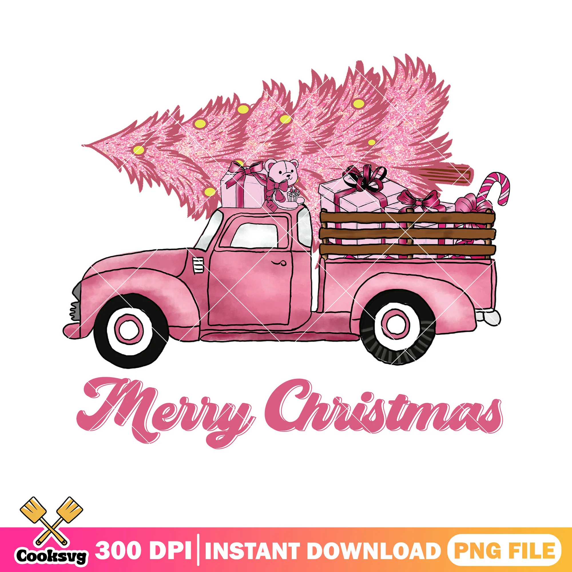 Pink truck pink christmas tree png, xmas decorations png, merry xmas png