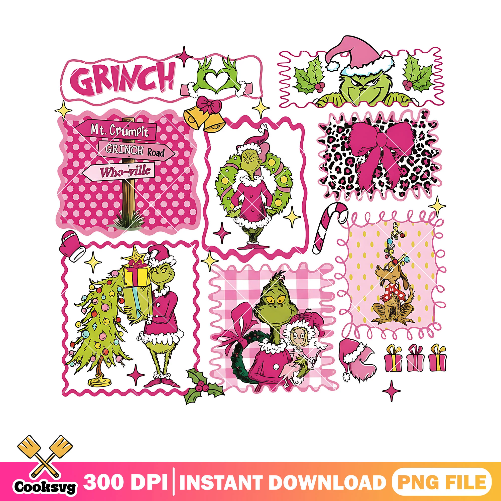 Pinky grinch xmas png, green monster png, wreath christmas png
