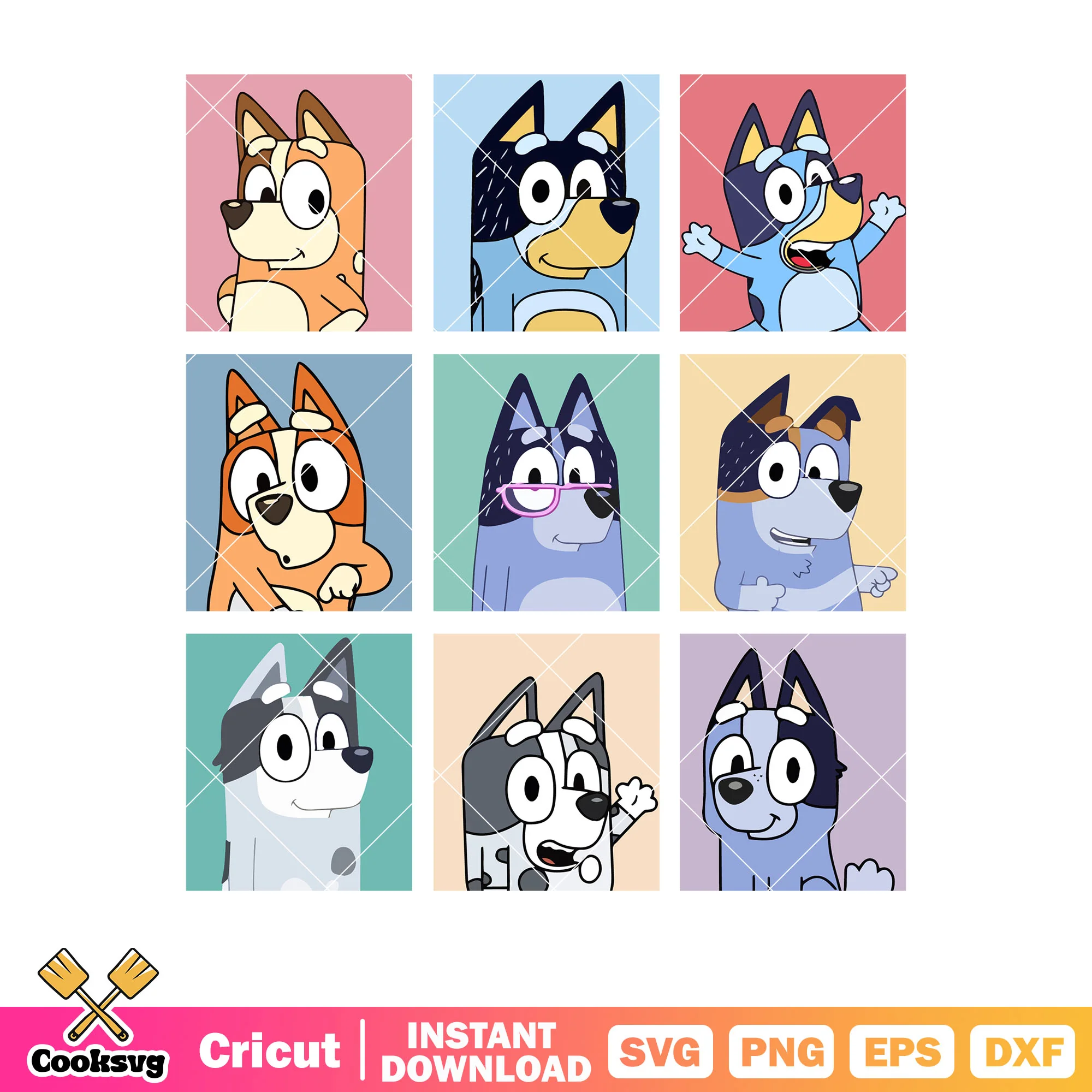 Posters character family bluey dog svg, bluey episodes svg, cartoon bluey svg