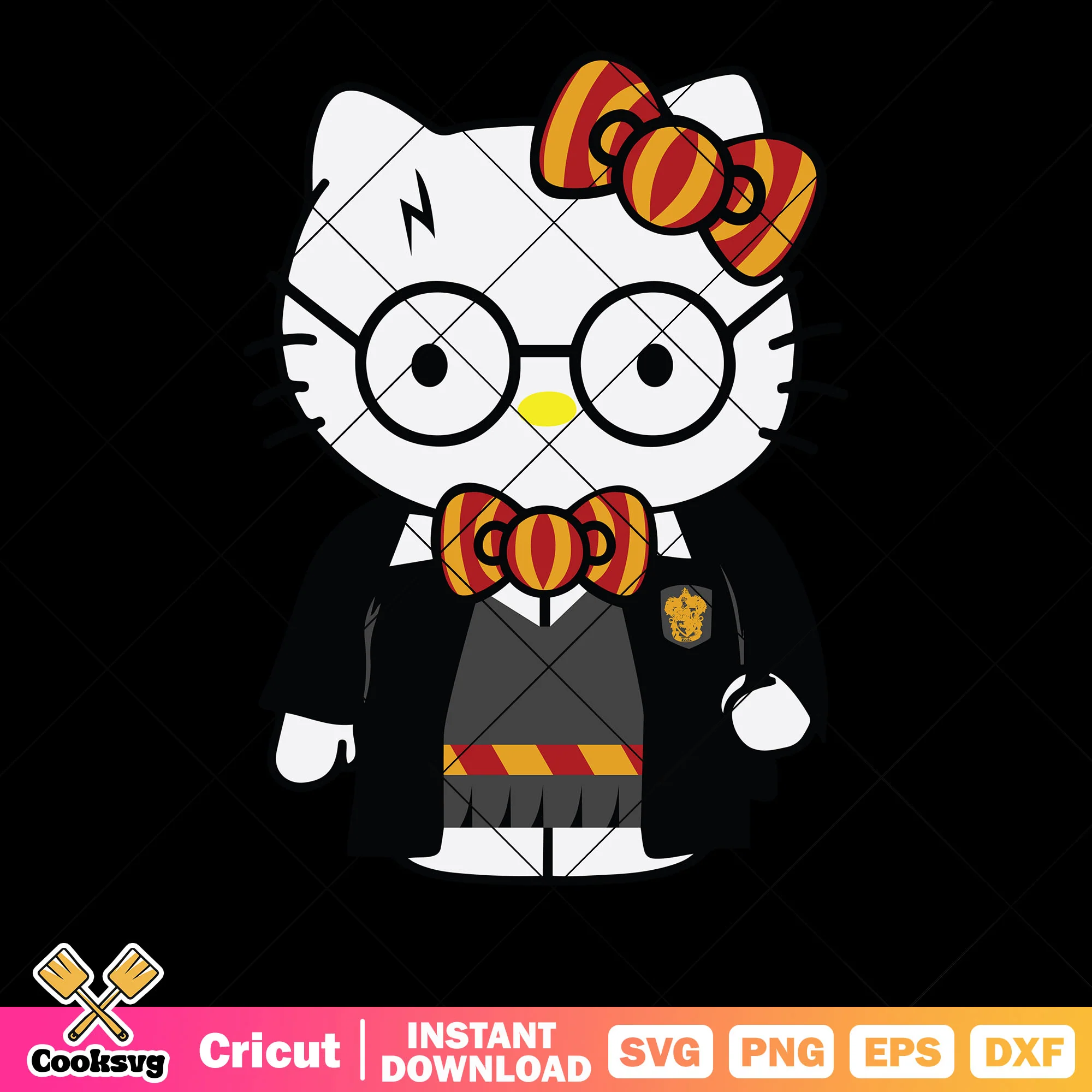 Potter hello kitty svg, circle glasses svg, lightning scared svg