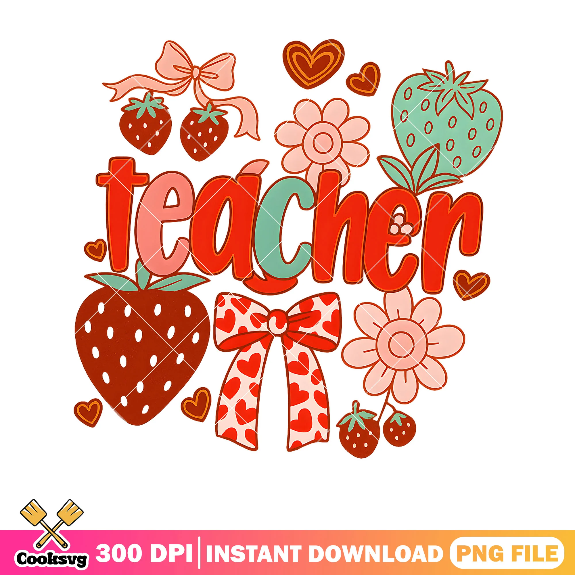 Preppy Teacher Strawberry Png, teacher design png, bow tie teacher png