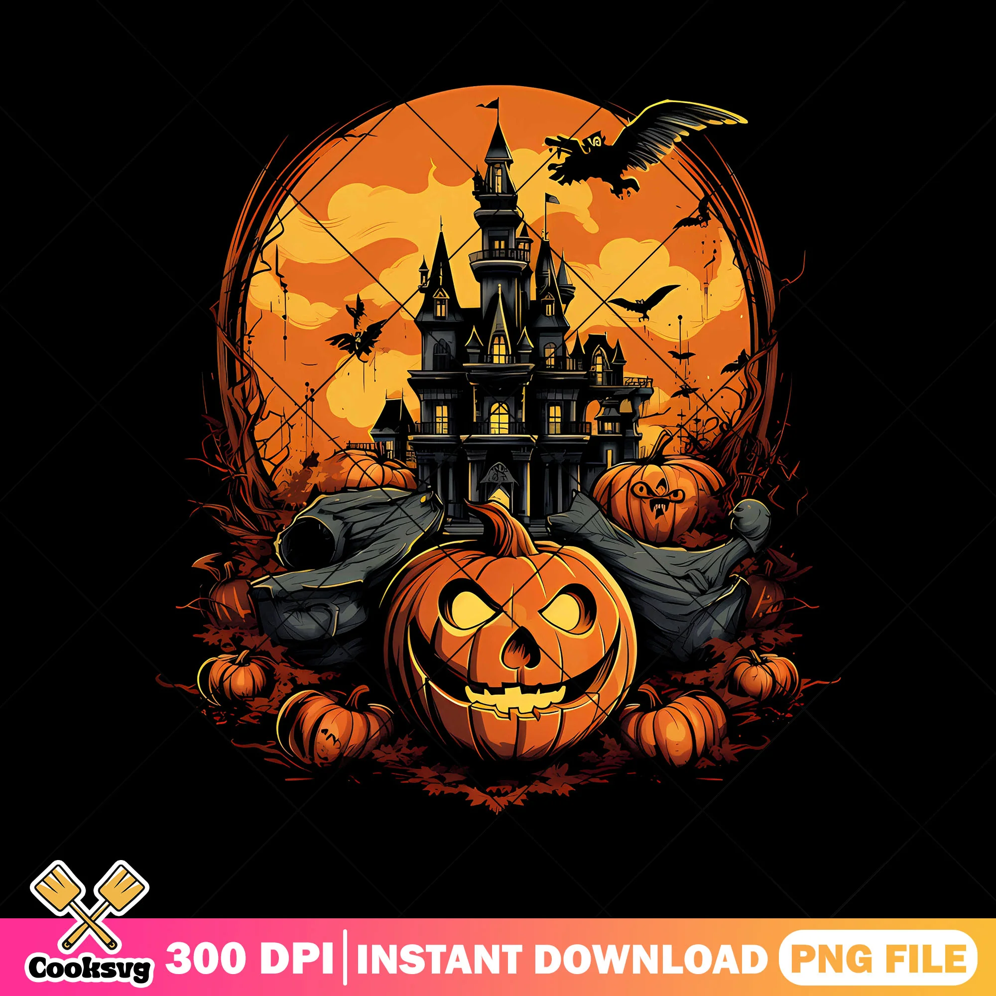Pumpkin and castle png, pumpkin halloween png, halloween castle png