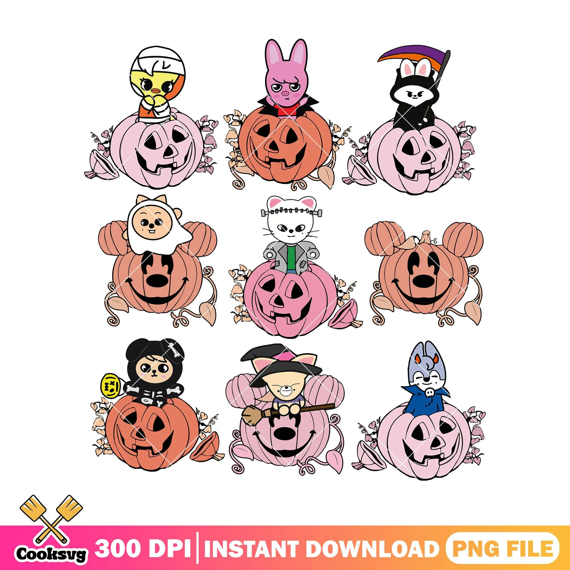 Pumpkin and skzoo design png, animal horror png, happy halloween png