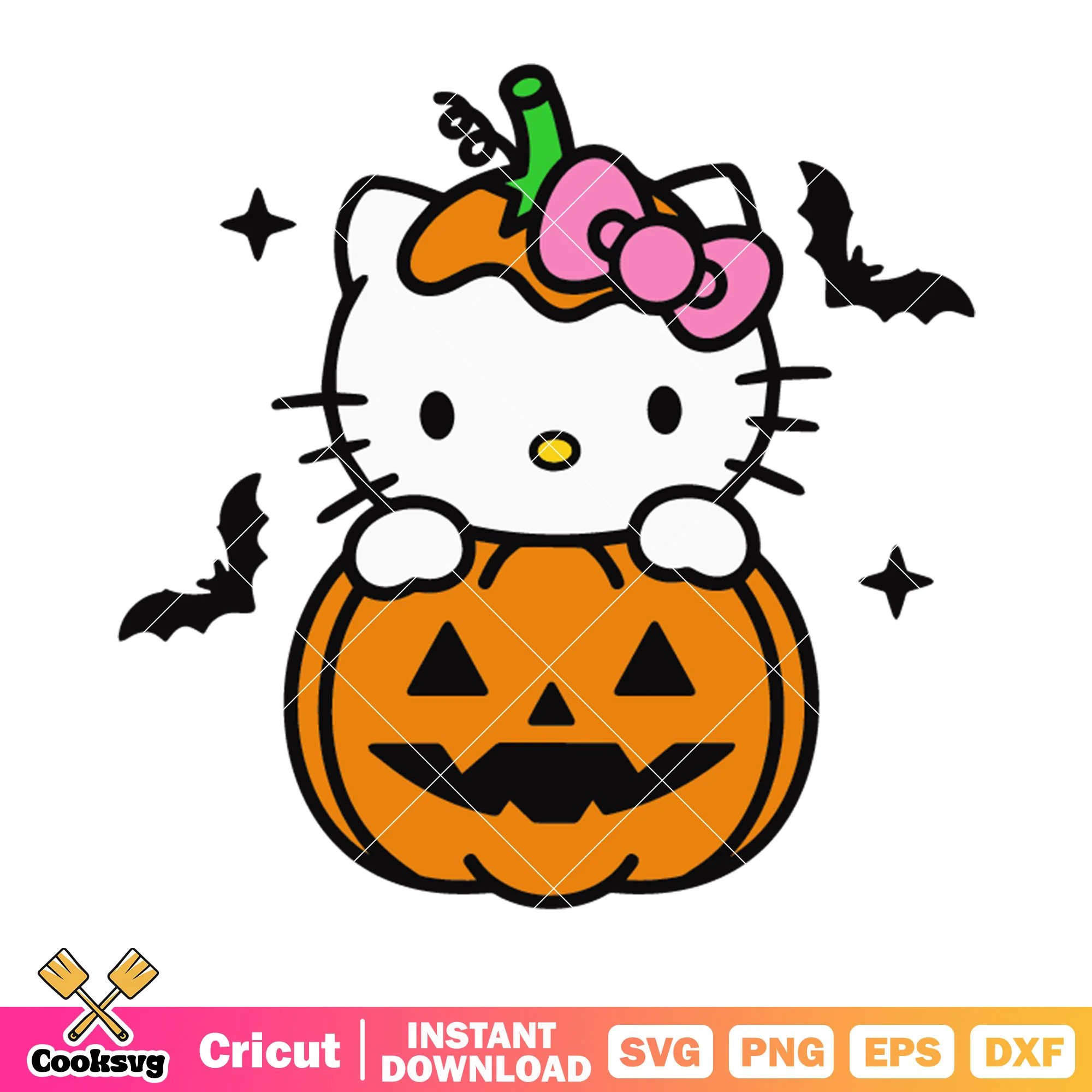 Pumpkin costume hello kitty svg, jack o lantern svg, scary bats svg