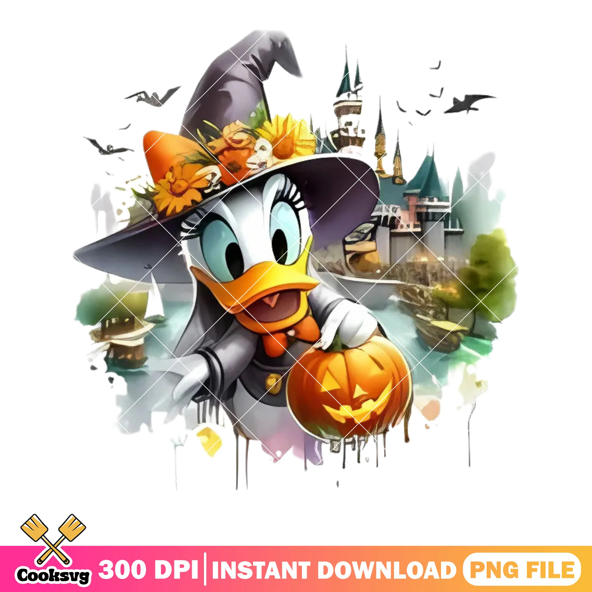 Pumpkin daisy duck png, fairy tale castle png, witch costume png