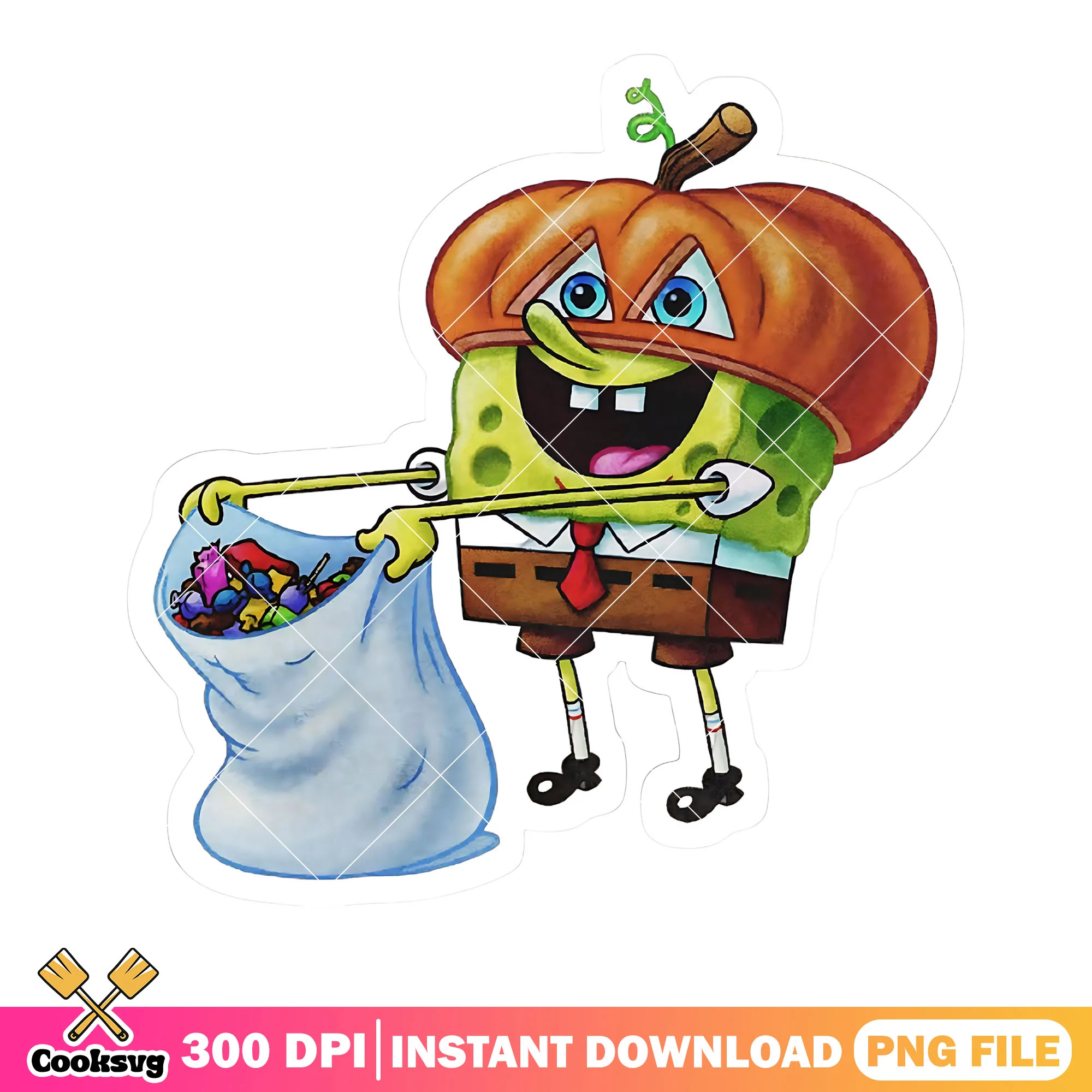 Pumpkin head sponge bob png, candy hunting png, halloween cartoon png