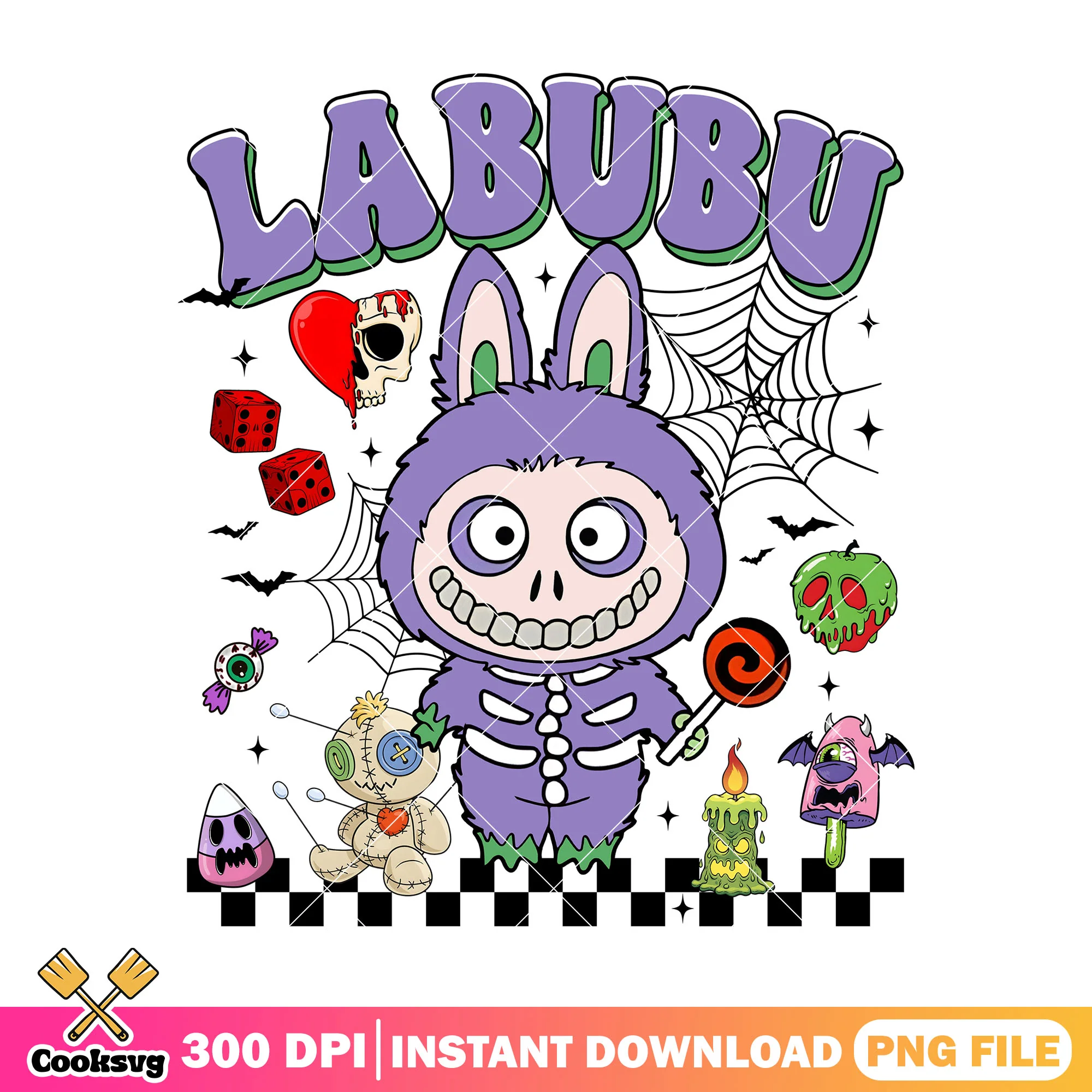 Purple skull labubu png, halloween costumes png, labubu doll png