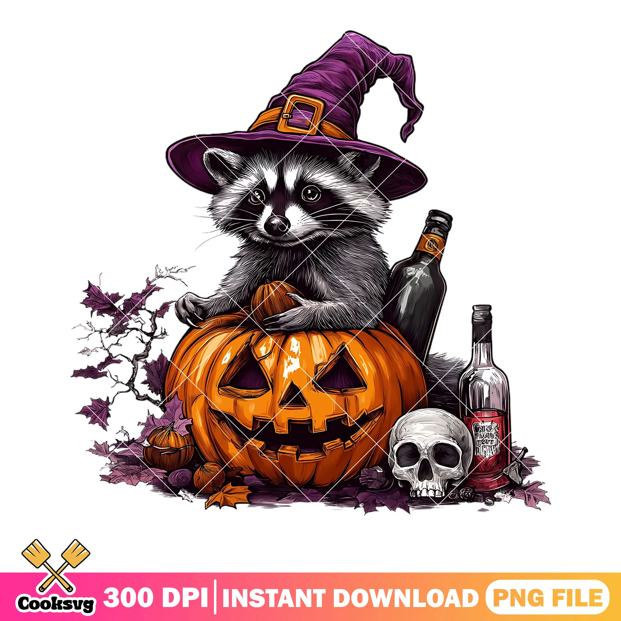 Racoon the wicth png, jack o lantern png, scary halloween night png