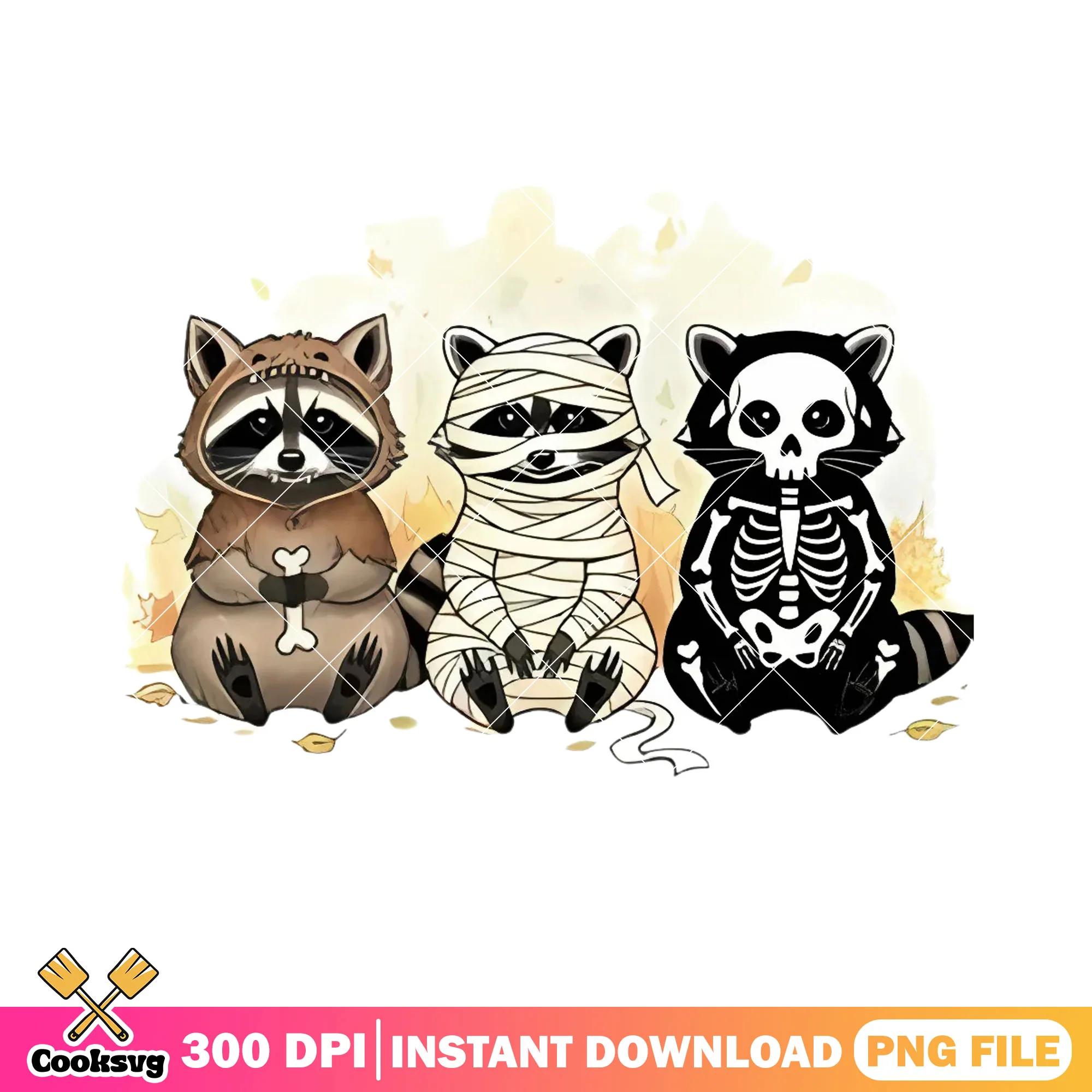Racoon trio halloween png, mummy costume png, scary halloween night png