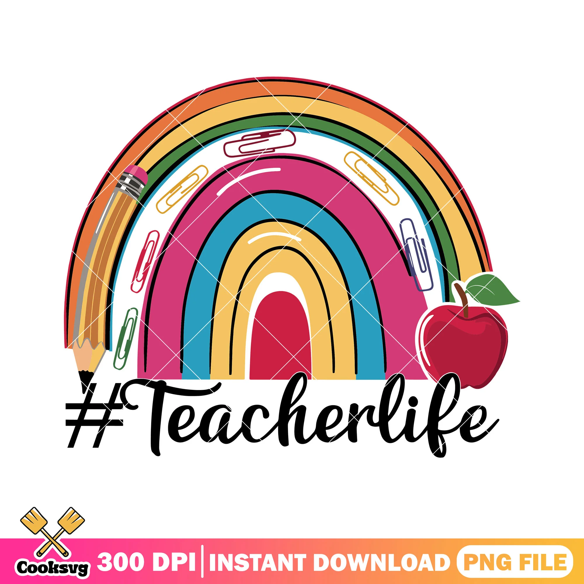 Rainbow teacher life png, apple red png, happy back to school png