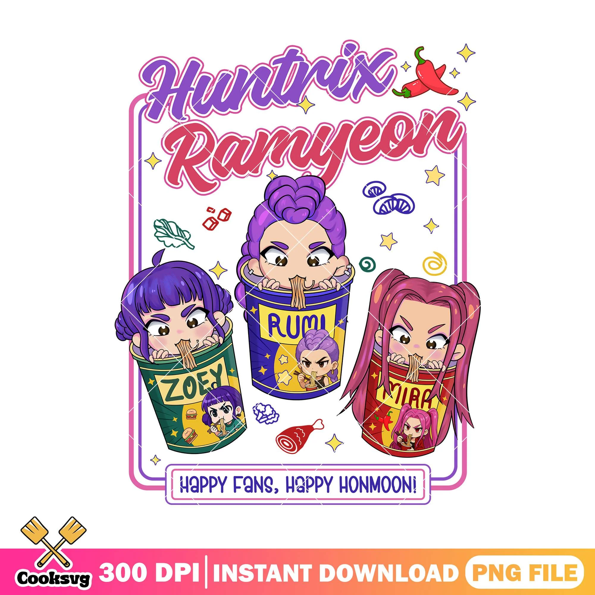 Ramyeon chibi girl png, huntrix ramyeon png, huntrix member png