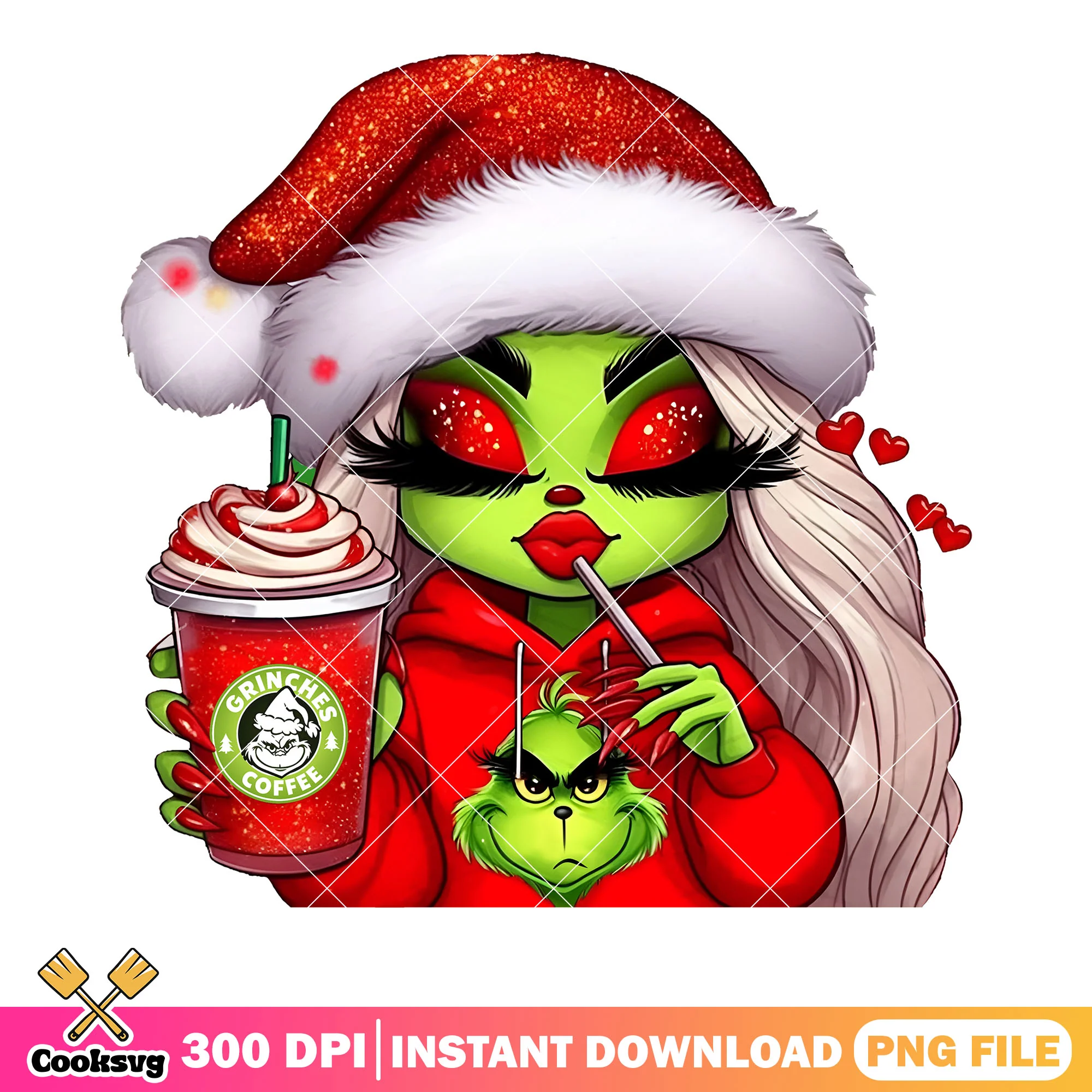 Red girnch hoodie green girl png, christmas coffee png, the grinch png