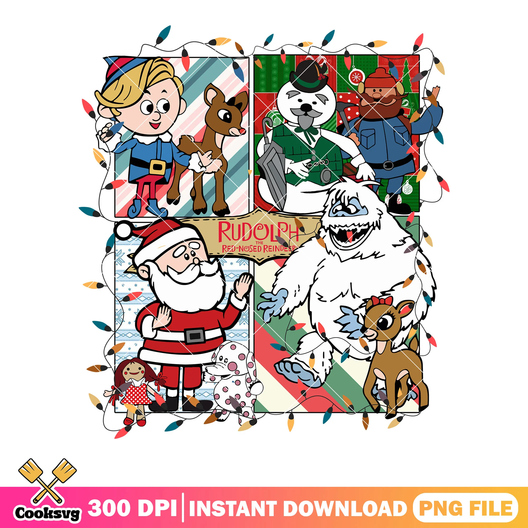 Red nose reindeer xmas png, sam the snowman png, christmas lights png