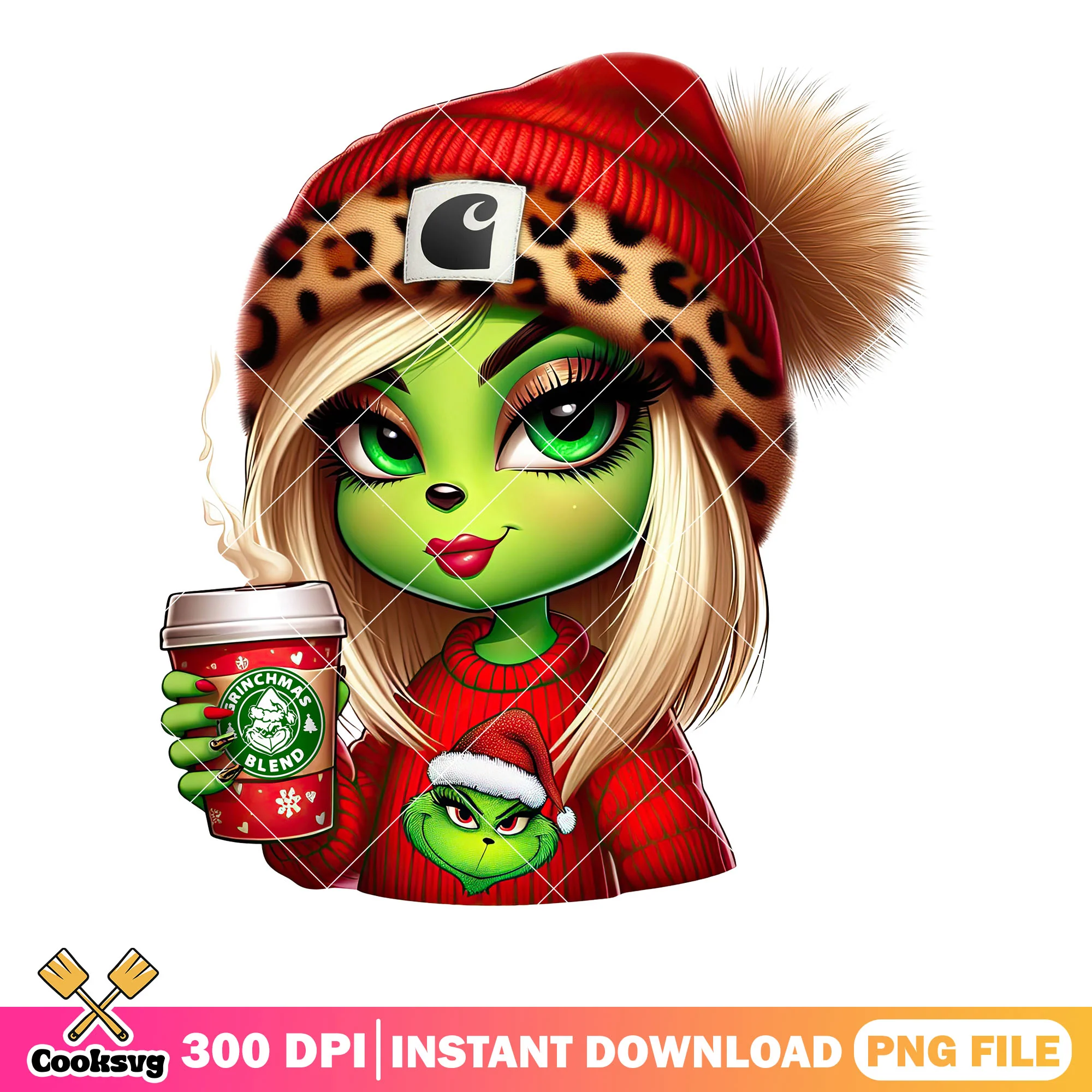 Red sweater christmas grinch png, merry xmas png, hot chocolate png