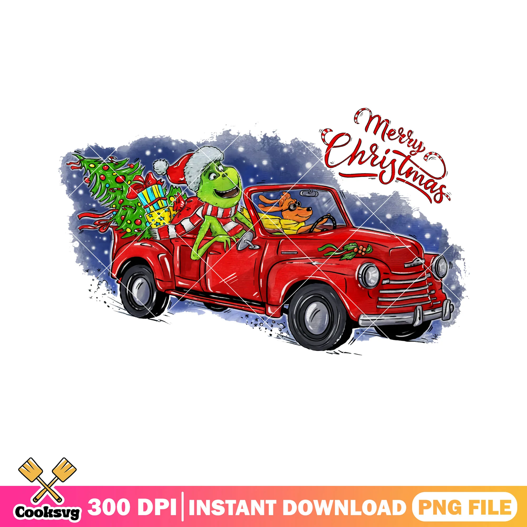 Red truck in snow night png, christmas tree png, the grinch png