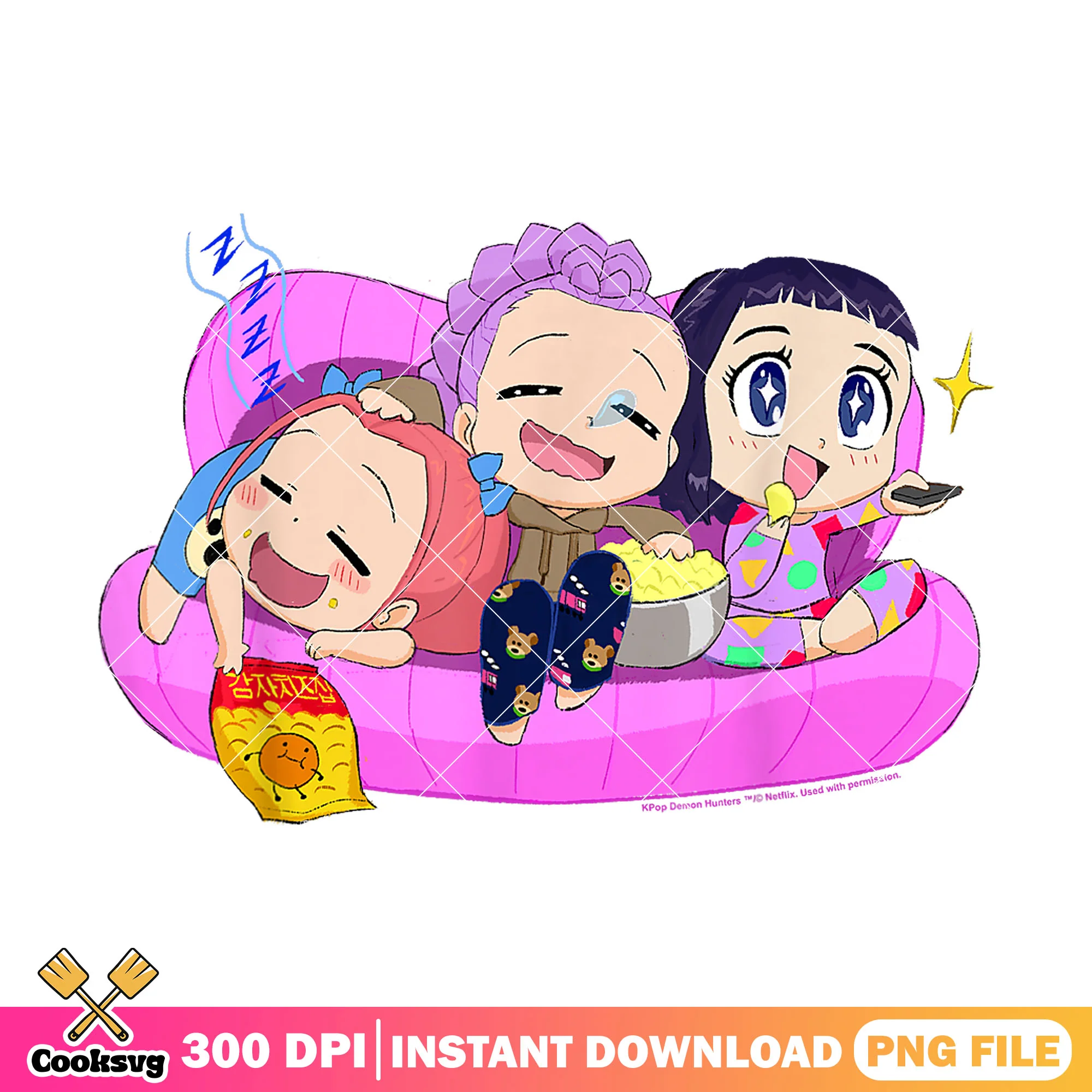Relaxing couch chibi girl png, huntrix girl png, kpop huntrix png