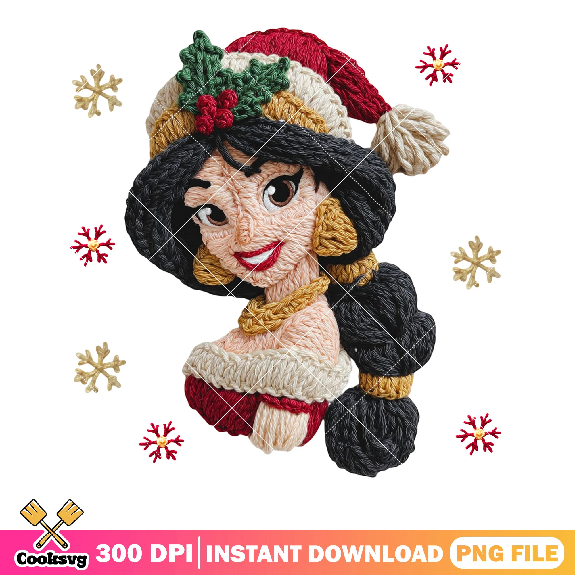 Retro crochet christmas princess png, jasmine png, disney christmas png