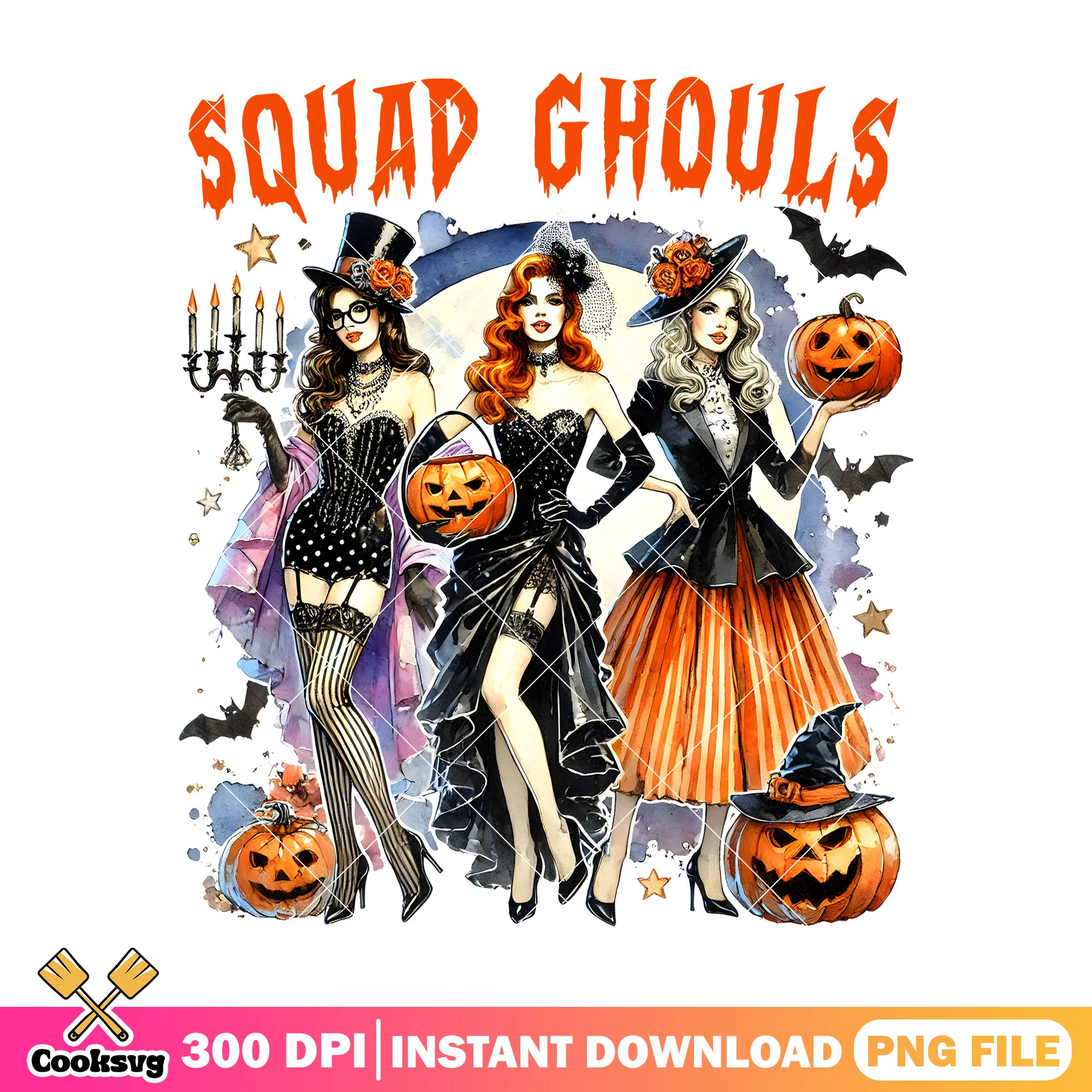 Retro spooky girls png, vintage halloween png, pumpkins png