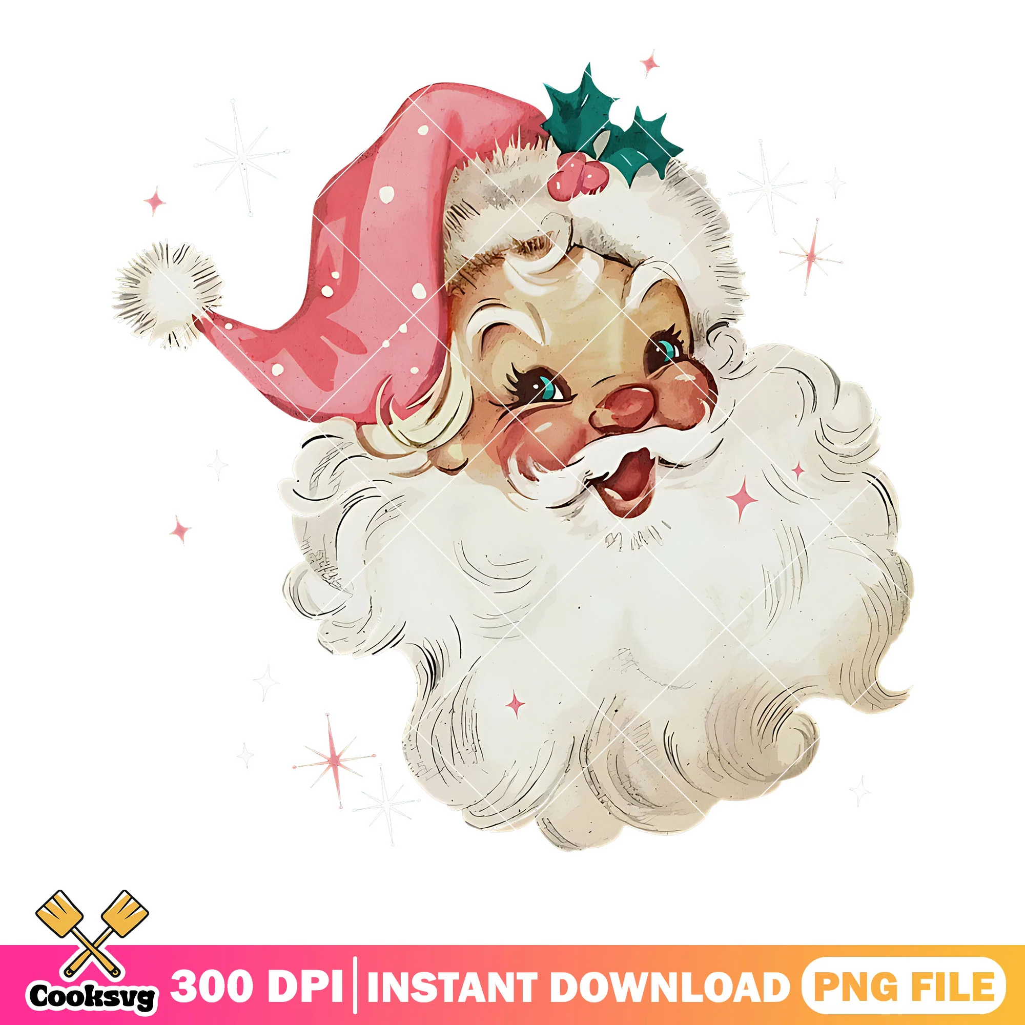 Retro vintage christmas png, santa vintage png, holly hat pink png