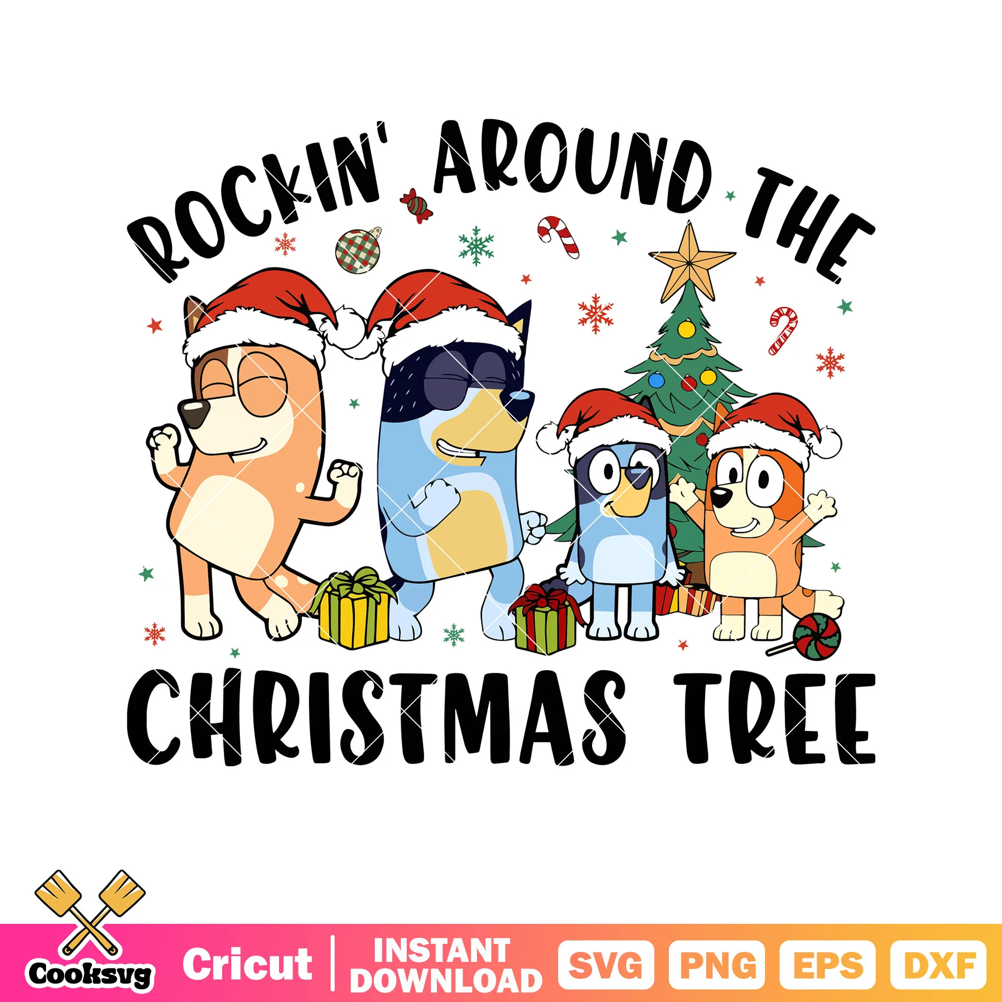 Rockin around the christmas tree svg, bluey family svg, christmas bluey svg
