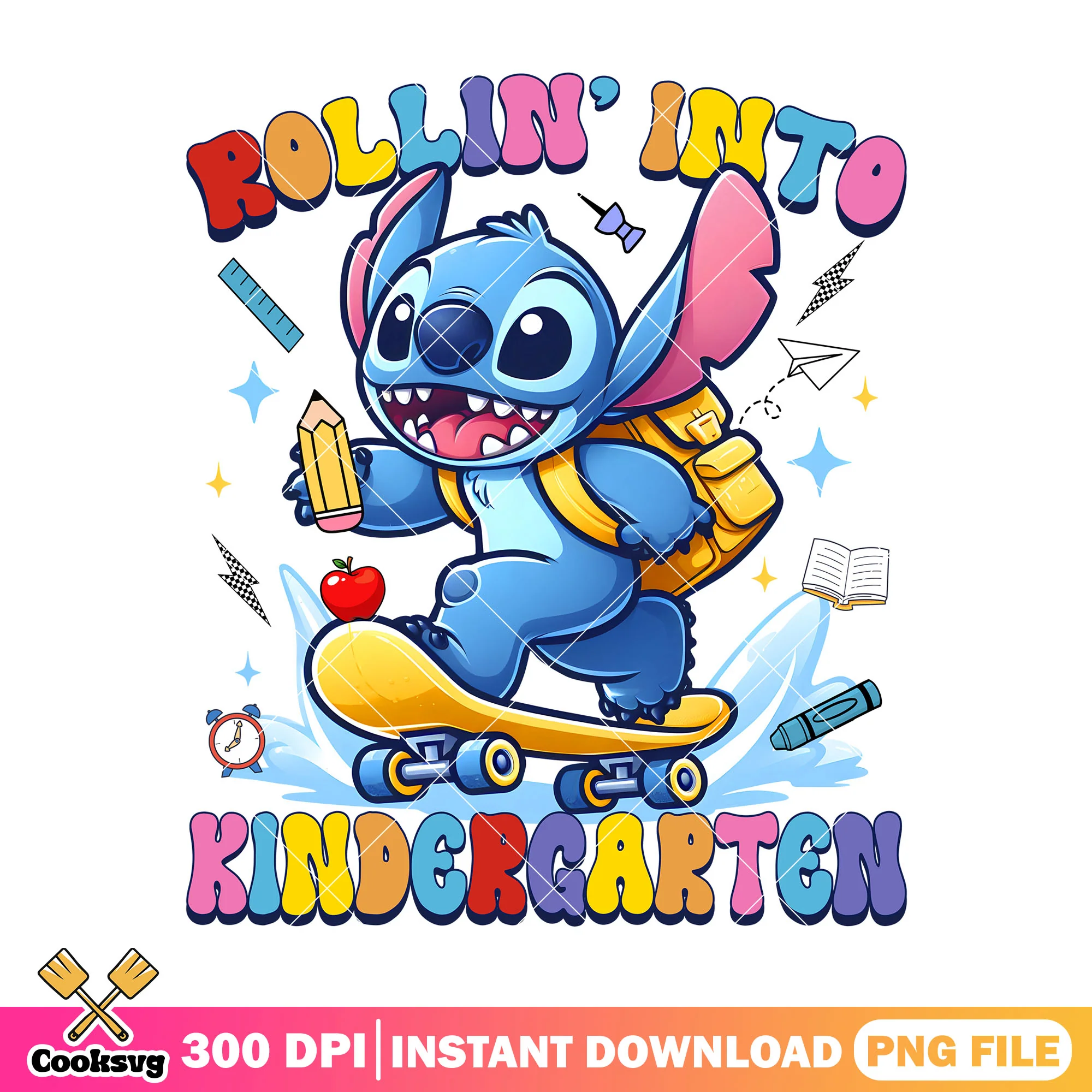 Rollin stitch into kindergarten png, disney art png, back to school png