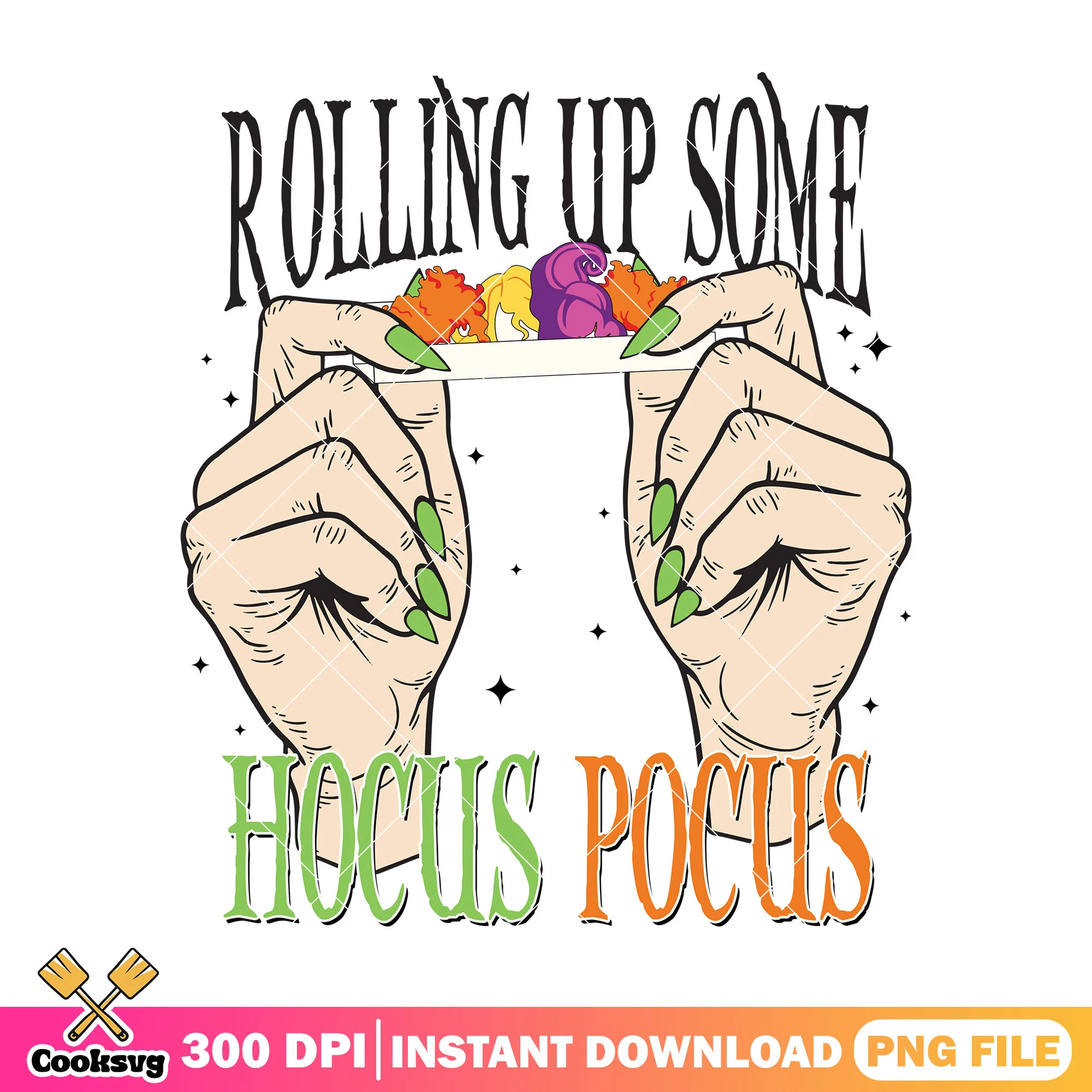Rolling up hocus pocus png, halloween decor png, hand nail png