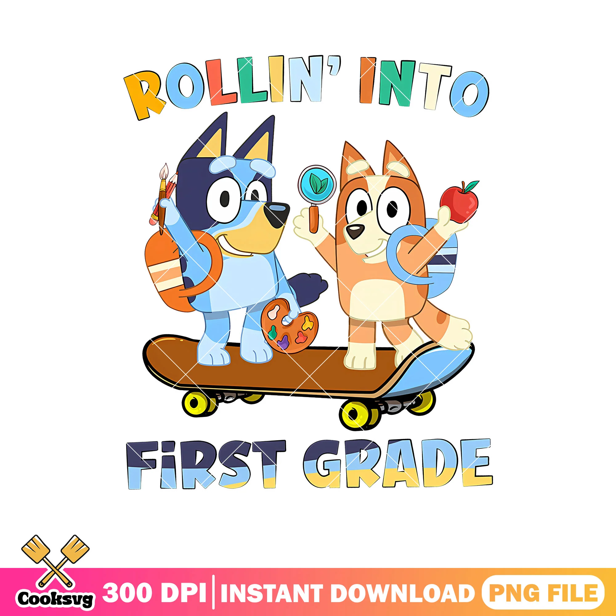 Rolllin into first grade png, bluey backpack png, bluey school friends png
