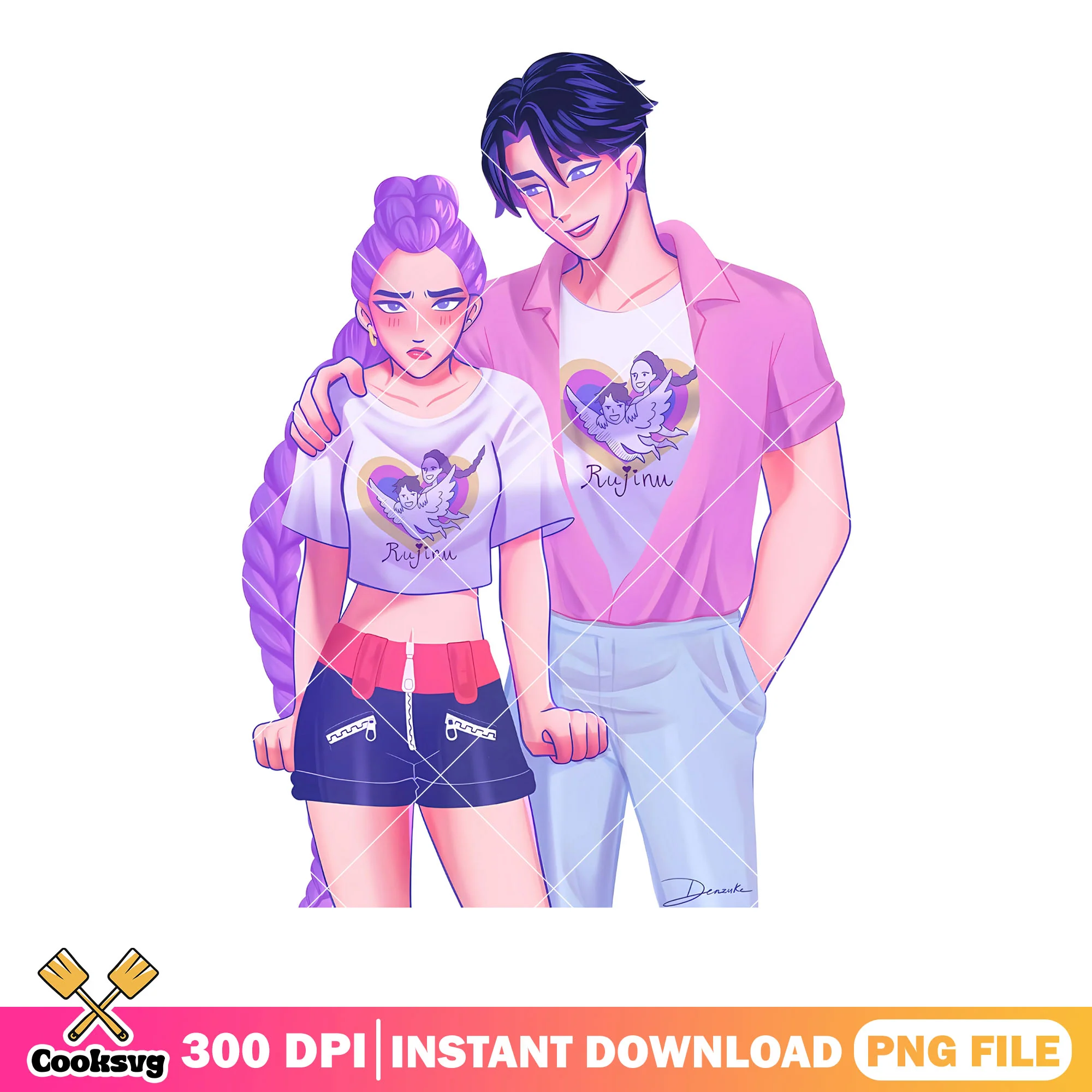 Rumi Jinu wearing matching tshirts png, couple rujinu png, anime png