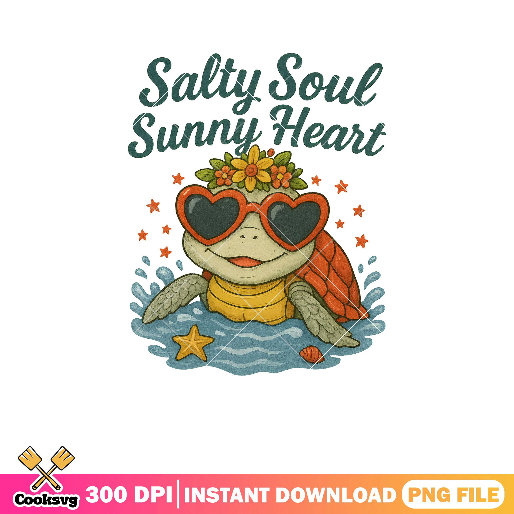Salty soul sunny heart png, cute turtle png, turtle quotes png