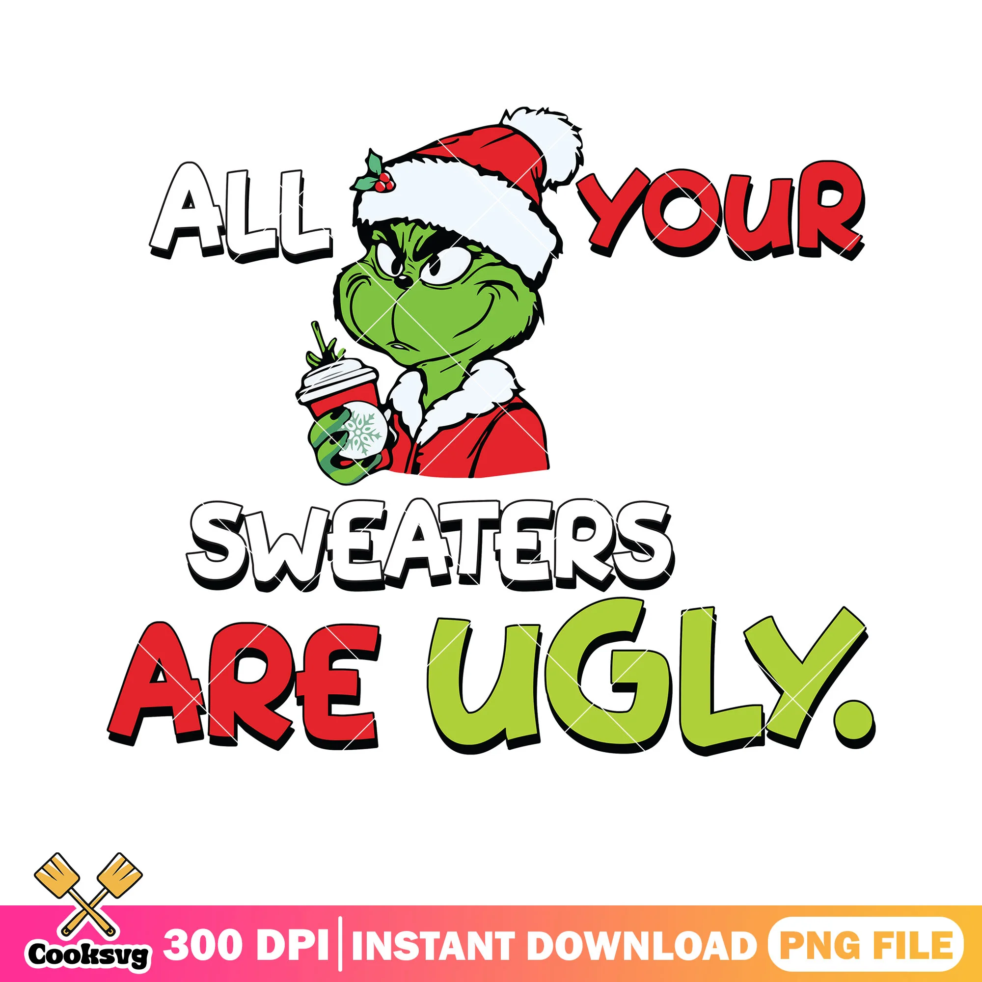 Sanclaus costume grinch png, christmas sweater png, the grinch png