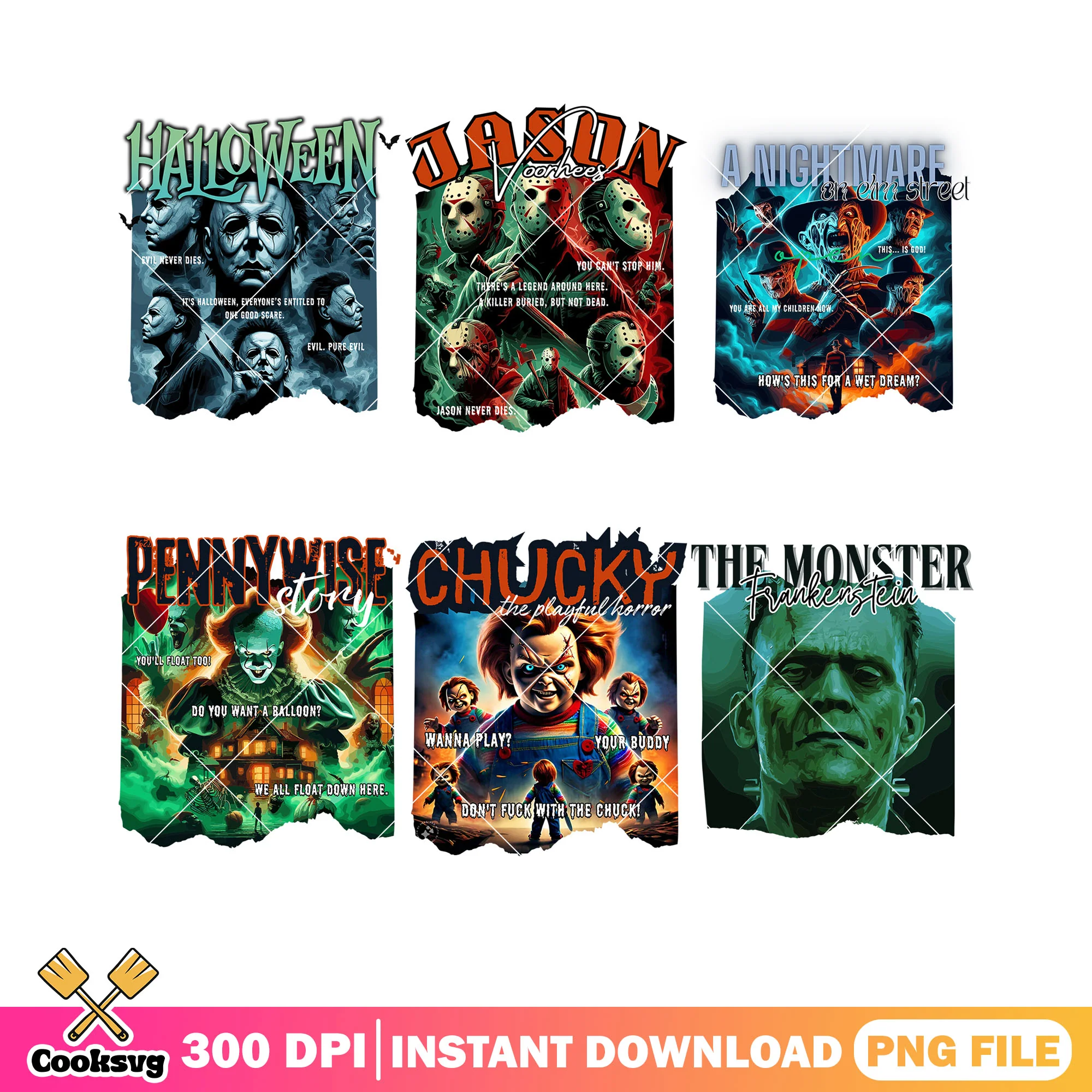 Scary halloween movie png bundle, frankeinsten png, freddy krueger png
