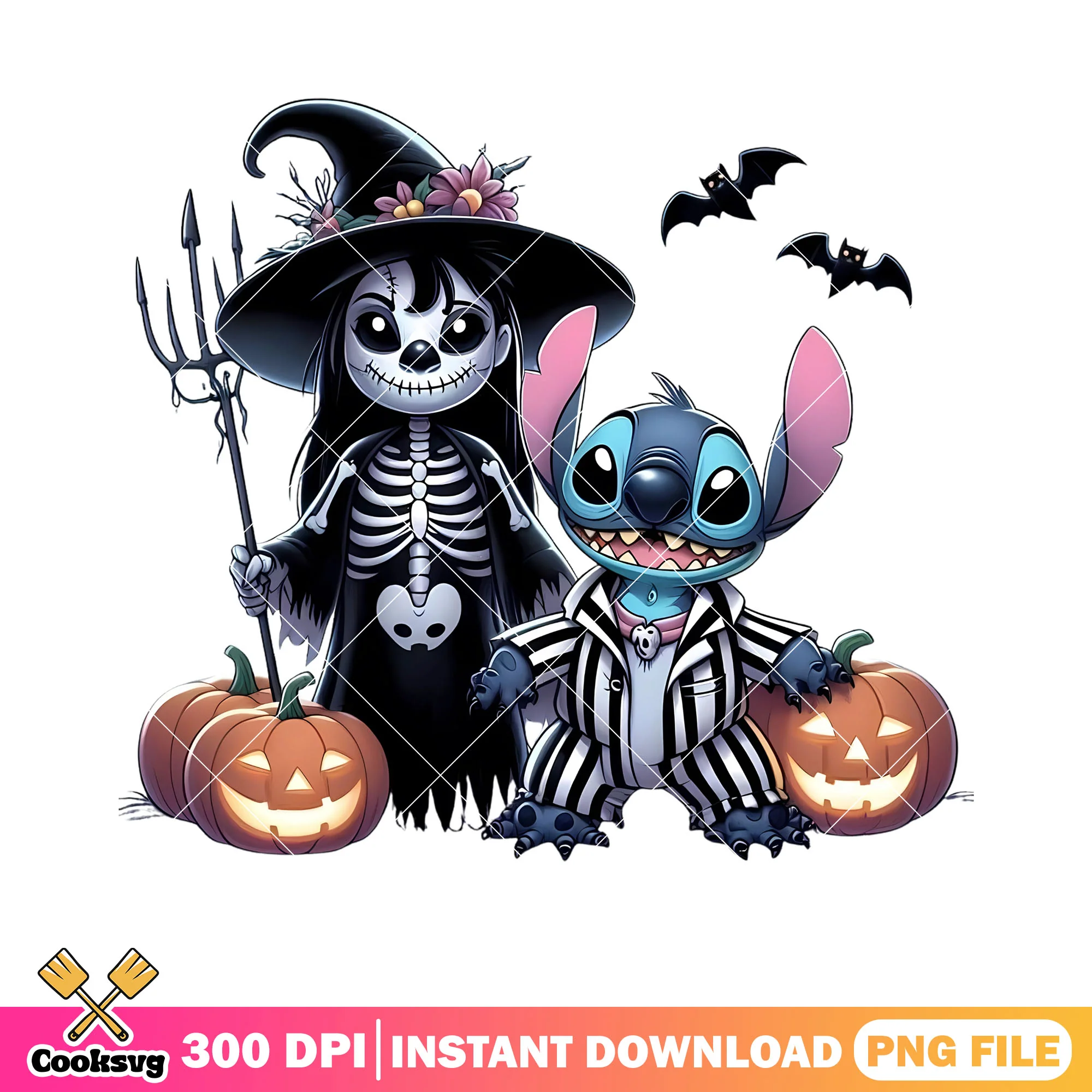 Scary lola and stitch png, skeleton costume png, disney halloween png
