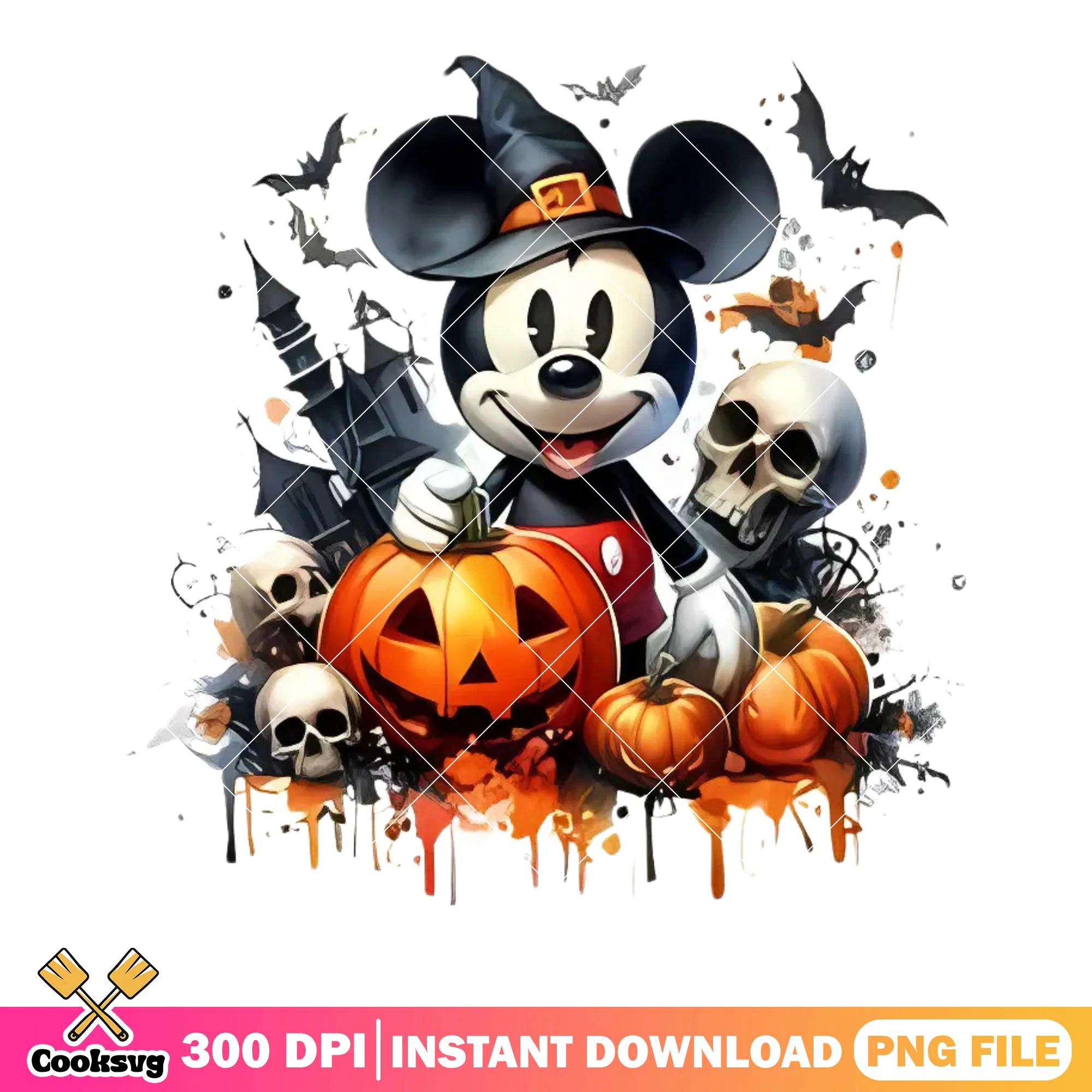 Scary pumpkin and skull png, spooky castle png, mickey mouse png