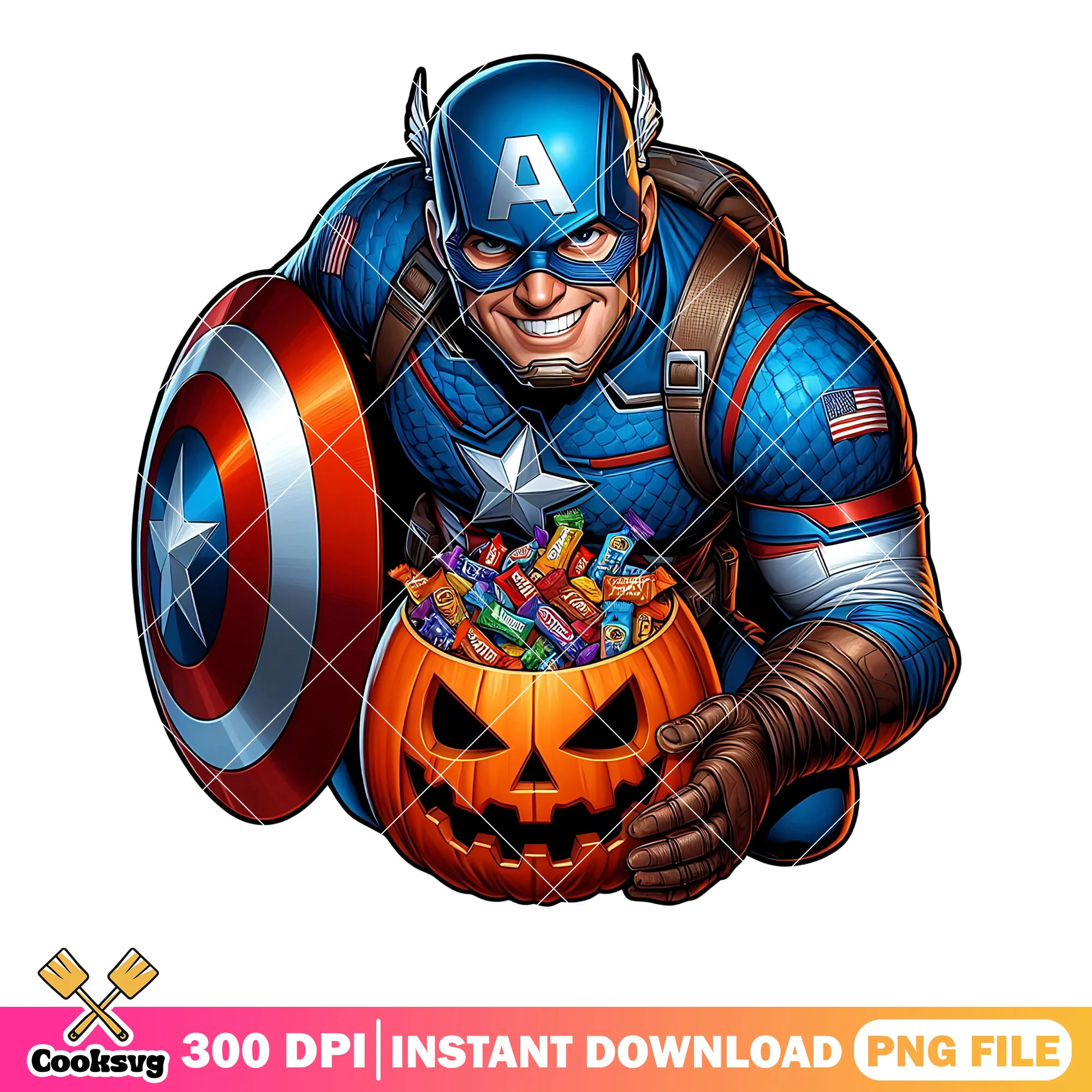 Scary smile pumpkin png, captain america png, marvel halloween png