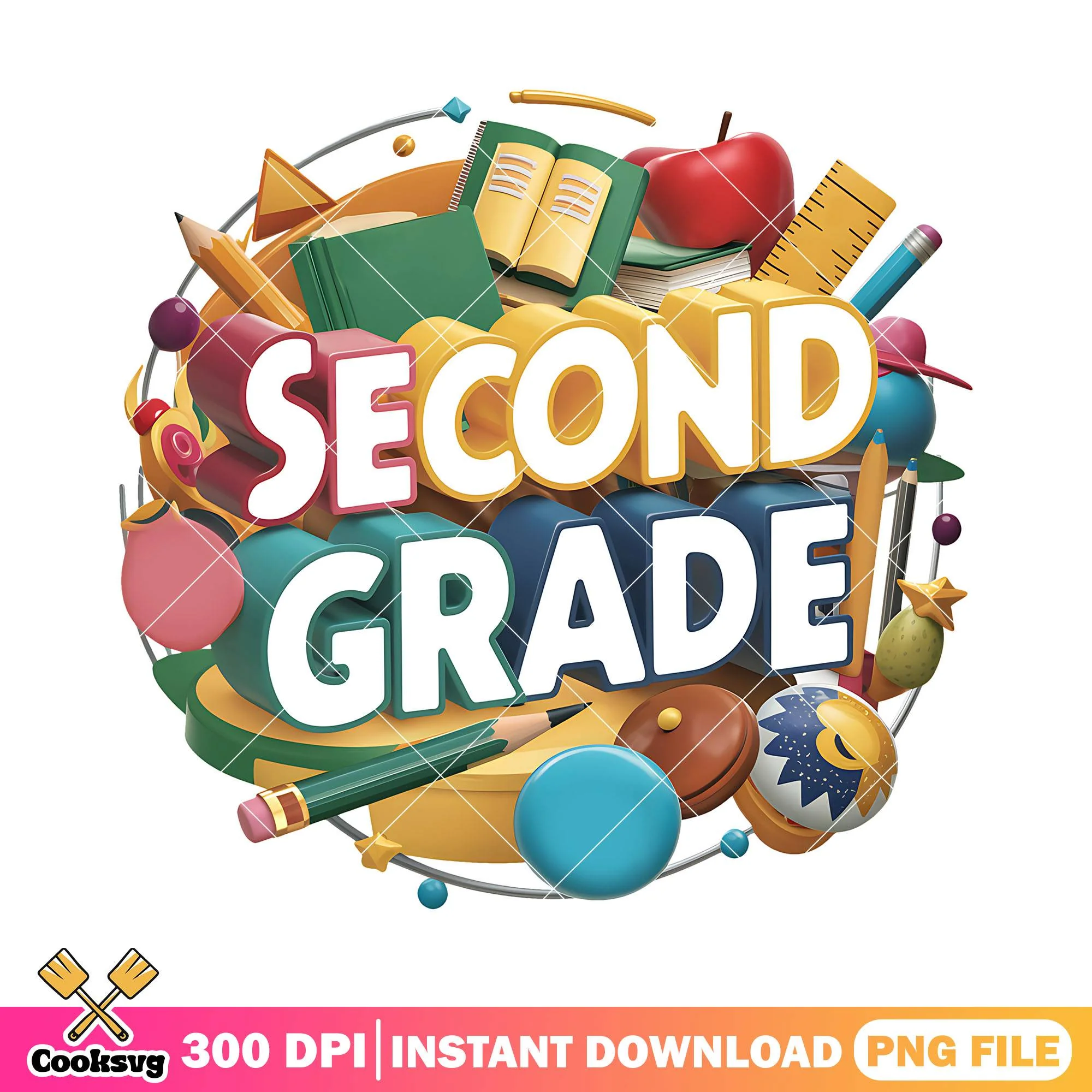 Second grade design file png, back to school art png, logo cute png