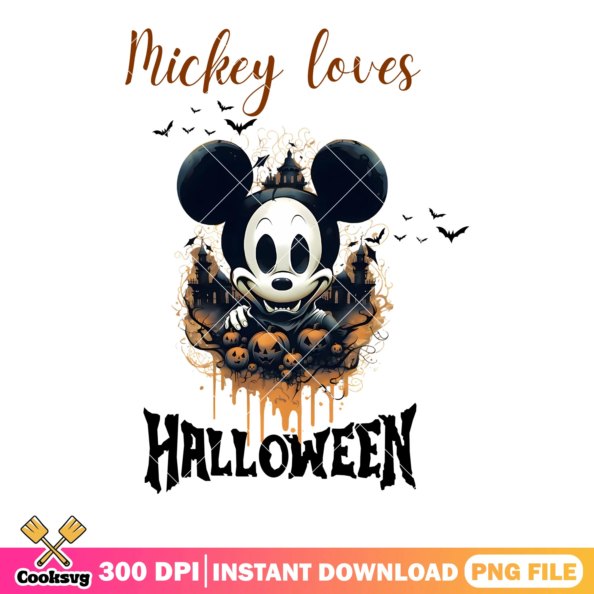 Sharp fangs mickey png, spooky castle png, creepy mickey png