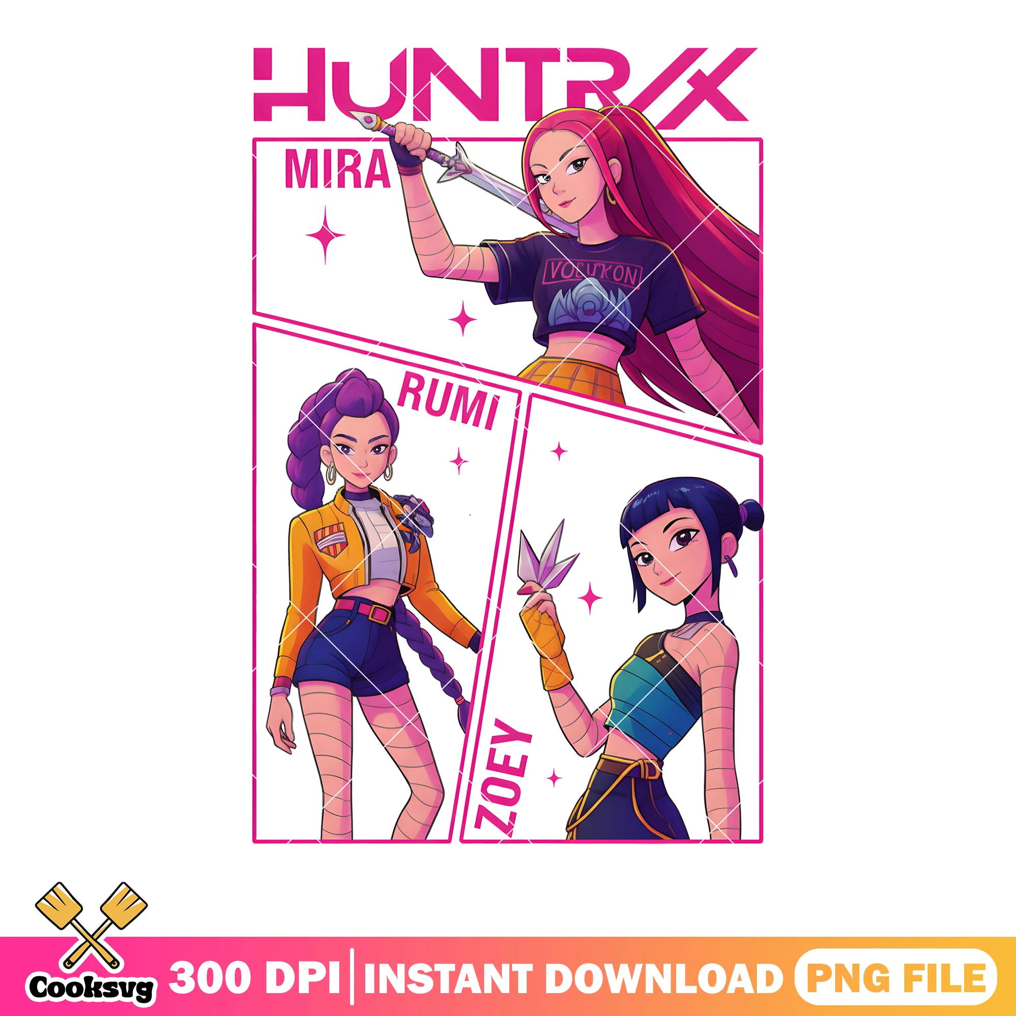 Shinny pink star huntrix png, kpop poster png, huntrix band png