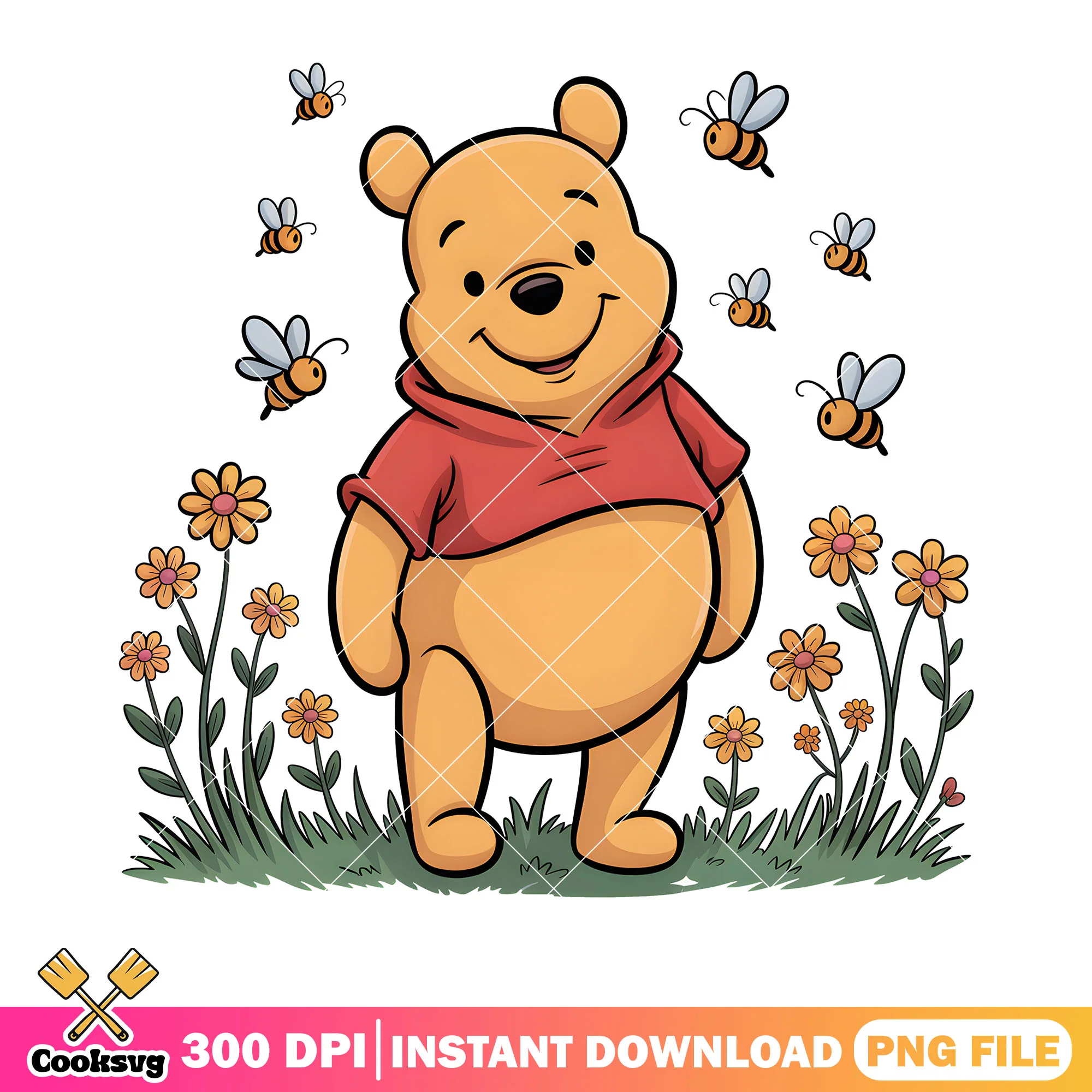 Silly pooh bee and flower png, spring vibes png, disney vibes png