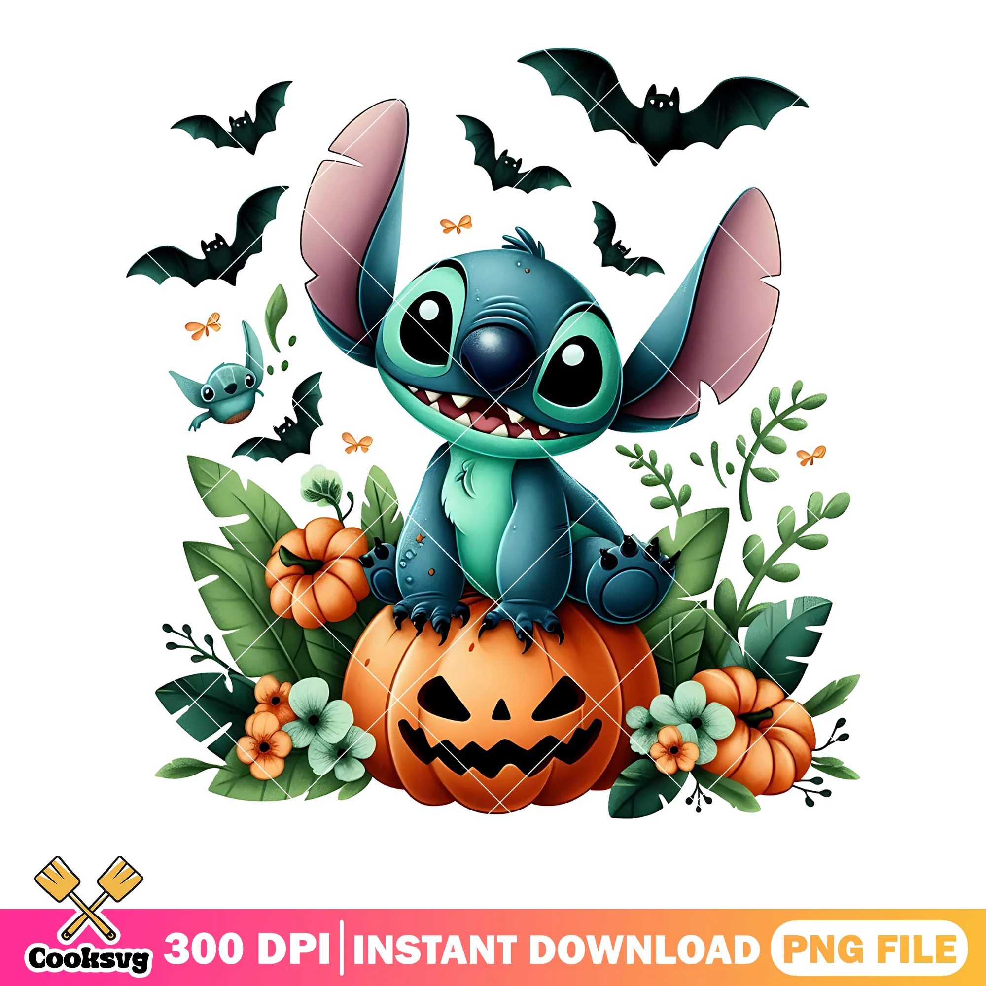 Sitting stitch on the pumpkin png, disney halloween png, scary bats png
