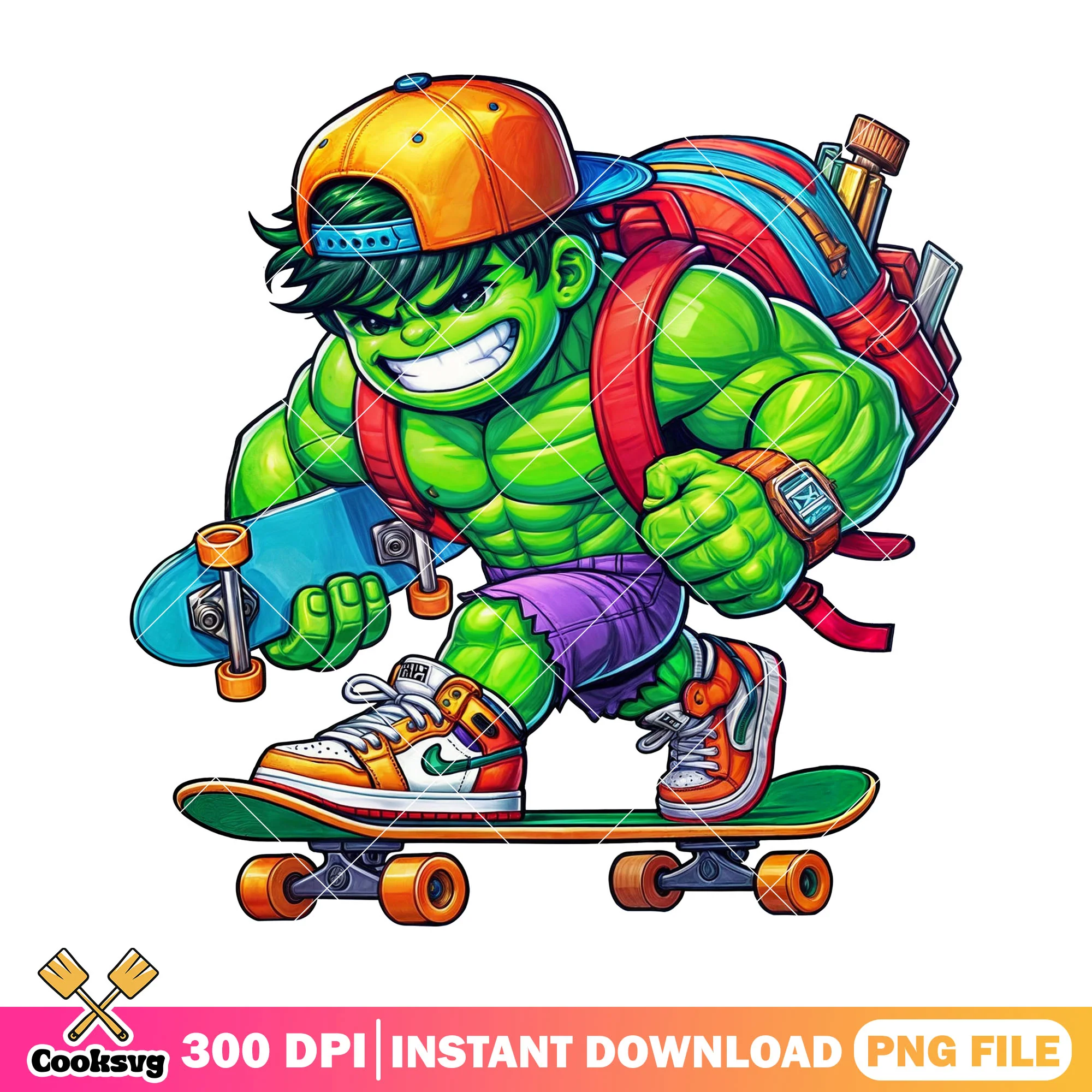 Skateboarding hulk png, back to school idea png, marvel cartoon png