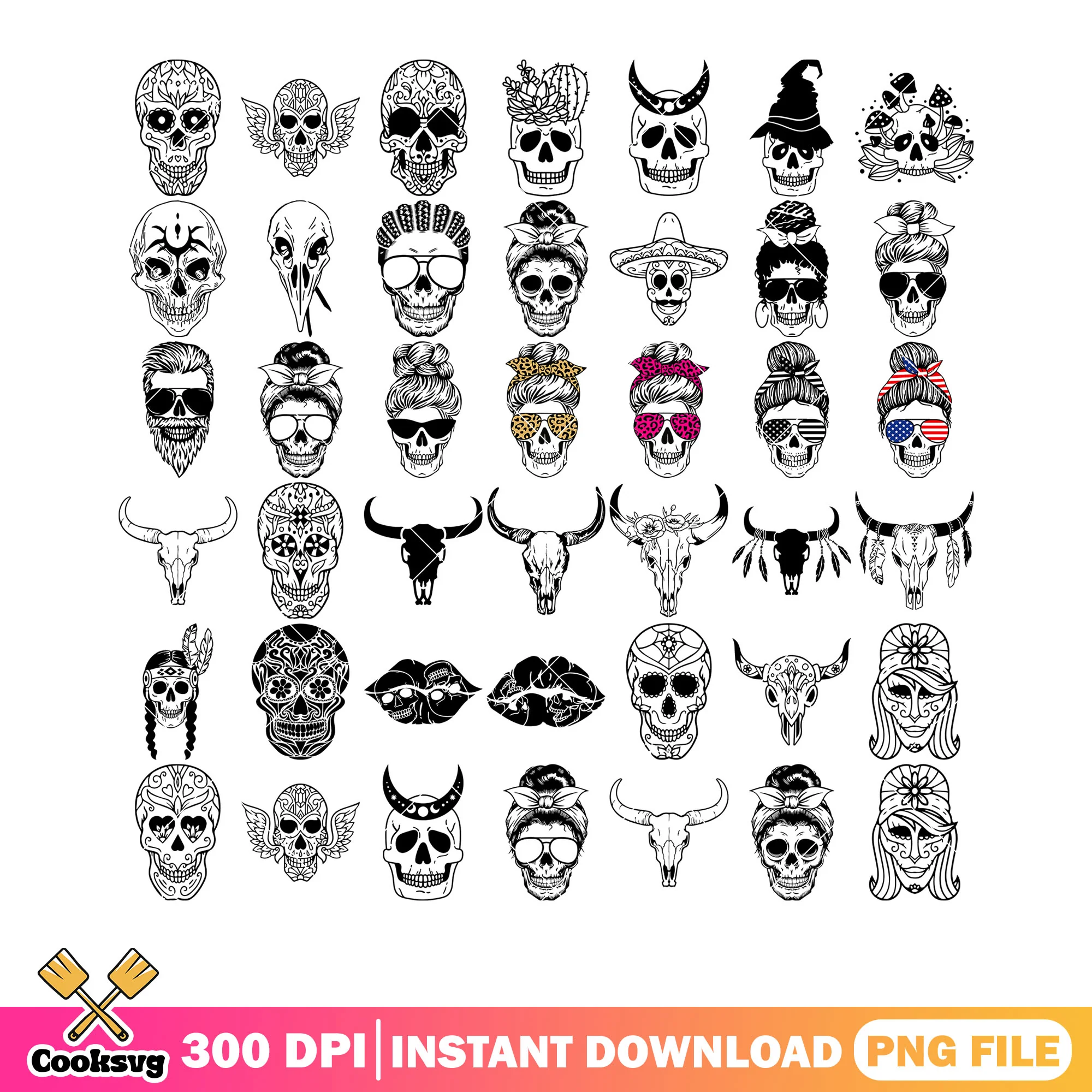 Skeleton skull collection png bundle, americas glasses png, bull skull png