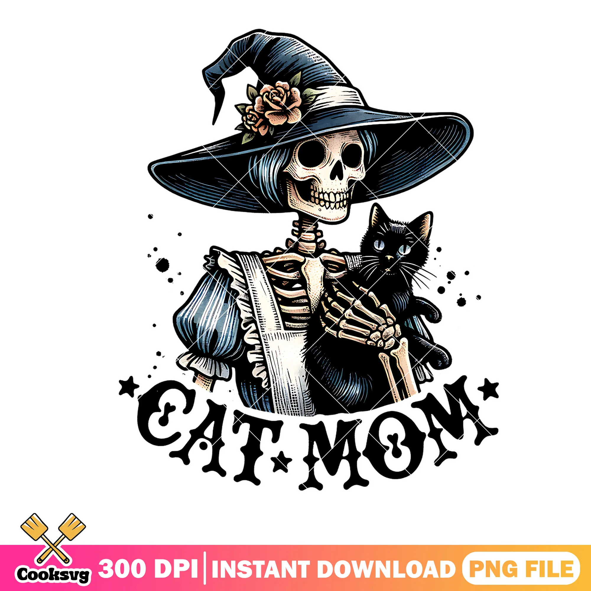 Skeleton the black cat png, witch hat png, halloween scary png