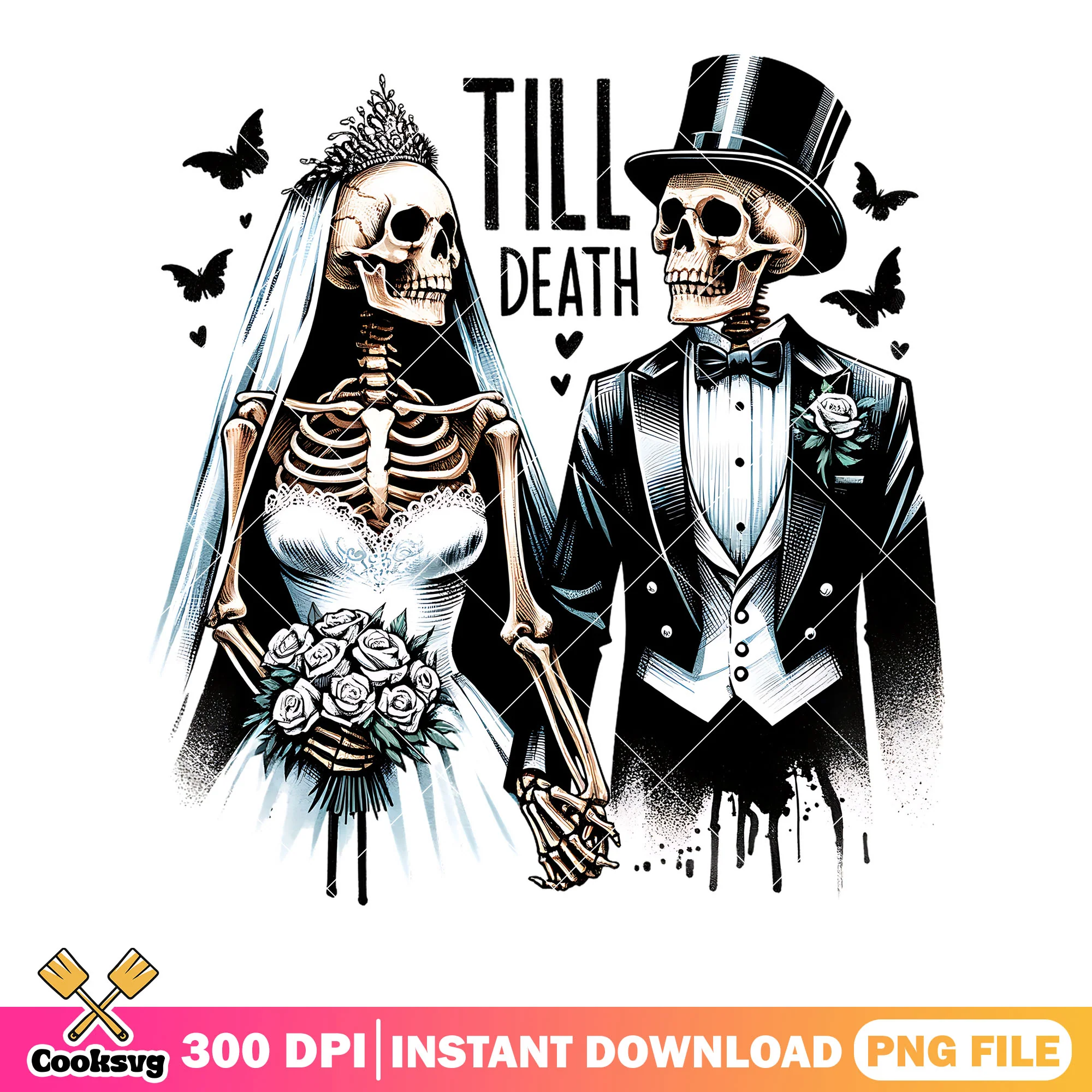 Skeleton wedding white flower png, scary bats png, halloween scary png