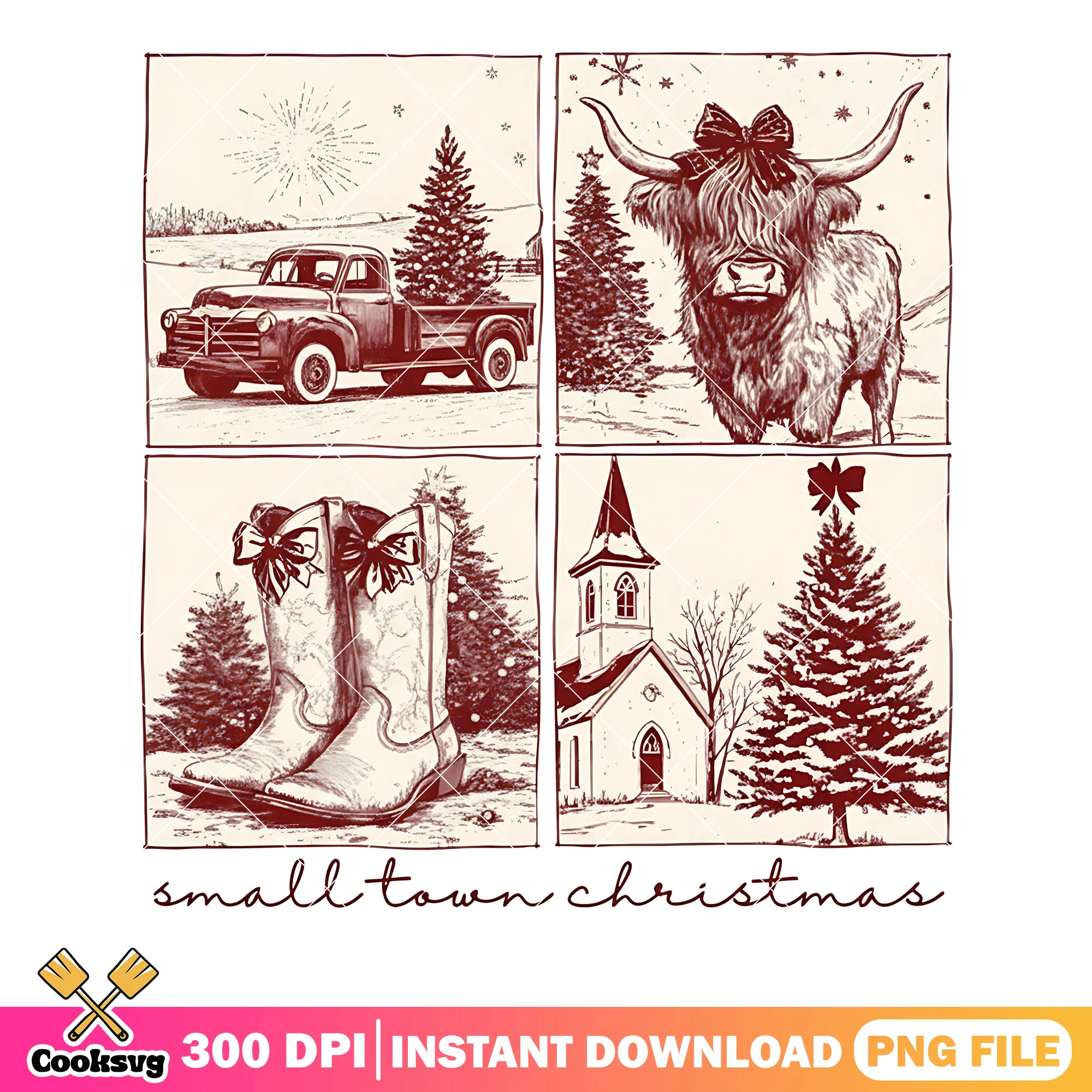 Small town christmas png, christmas tree png, the church png