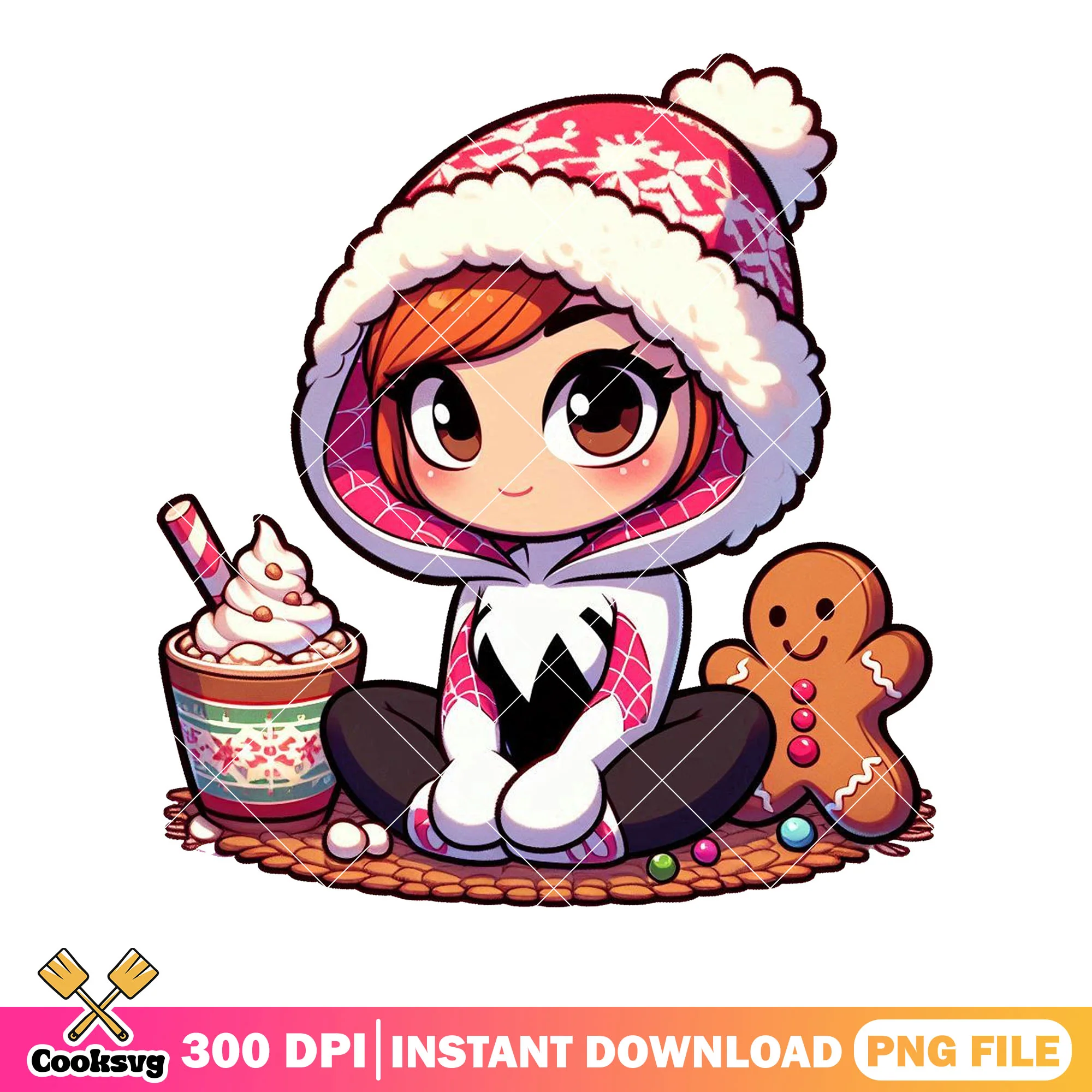 Spider gwen ornament png, spider gwen chibi png, hat pink png