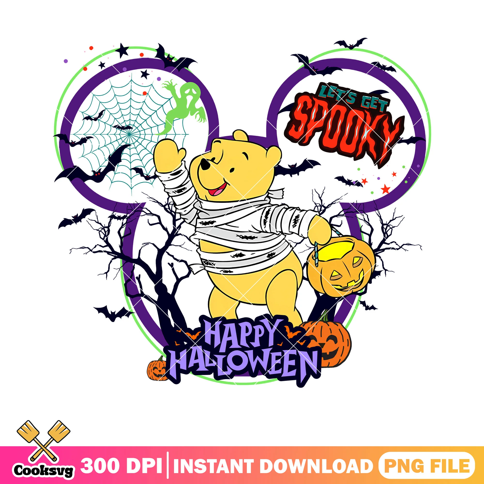 Spider web pooh pumpkin png, mummy costume png, halloween costume png