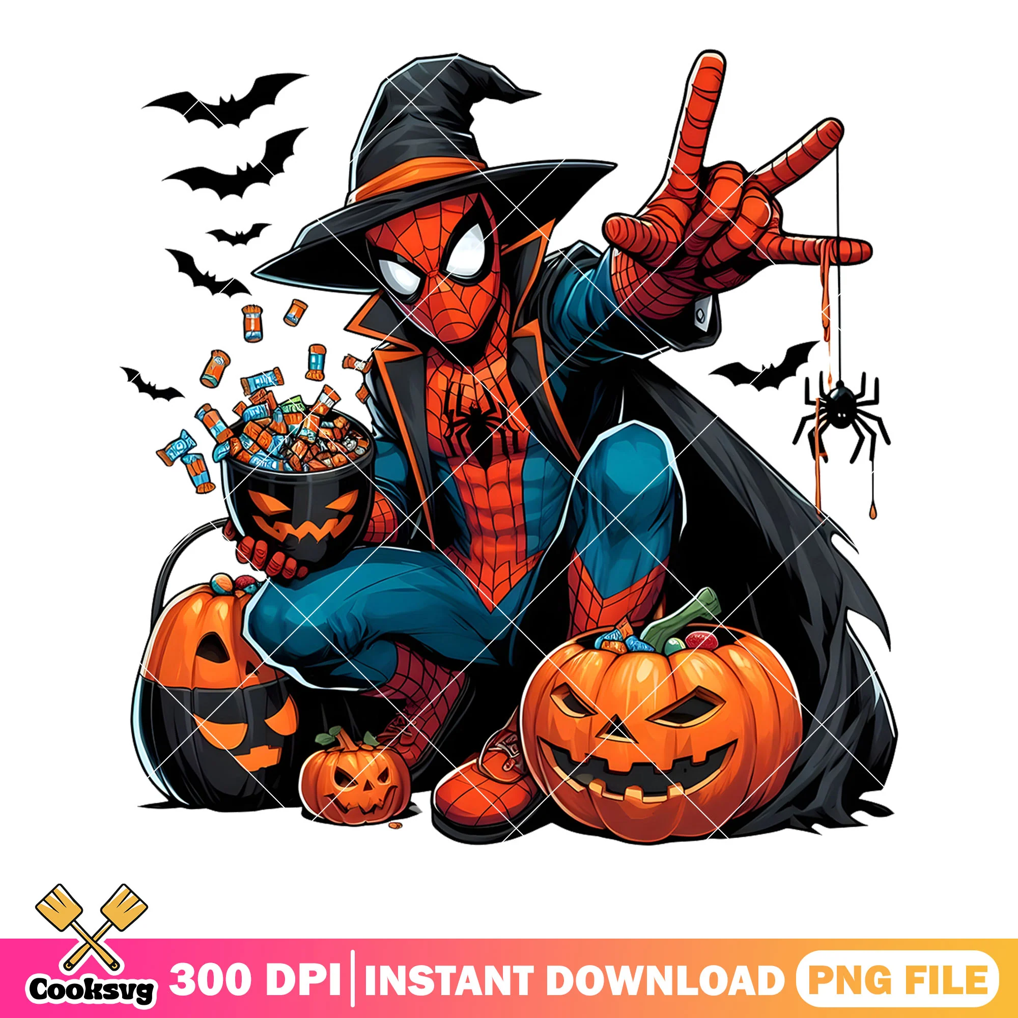 Spiderman halloween png, halloween marvel png, witch costume png