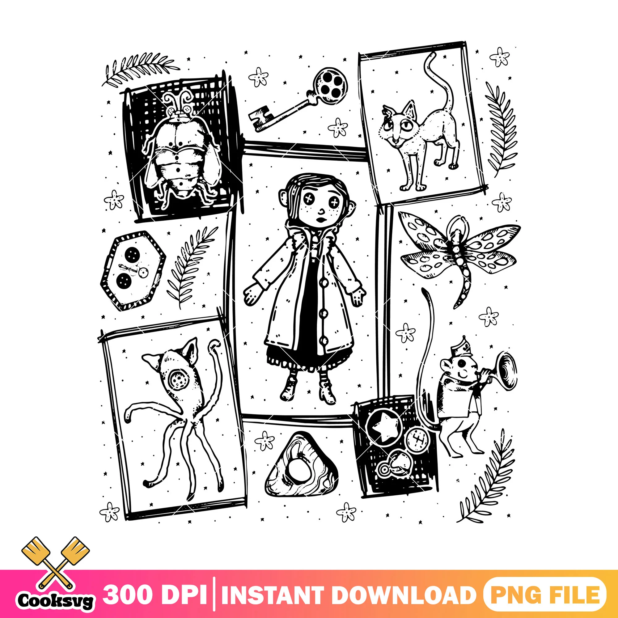 Spooky coraline colorless png, coraline movie png, halloween kills png