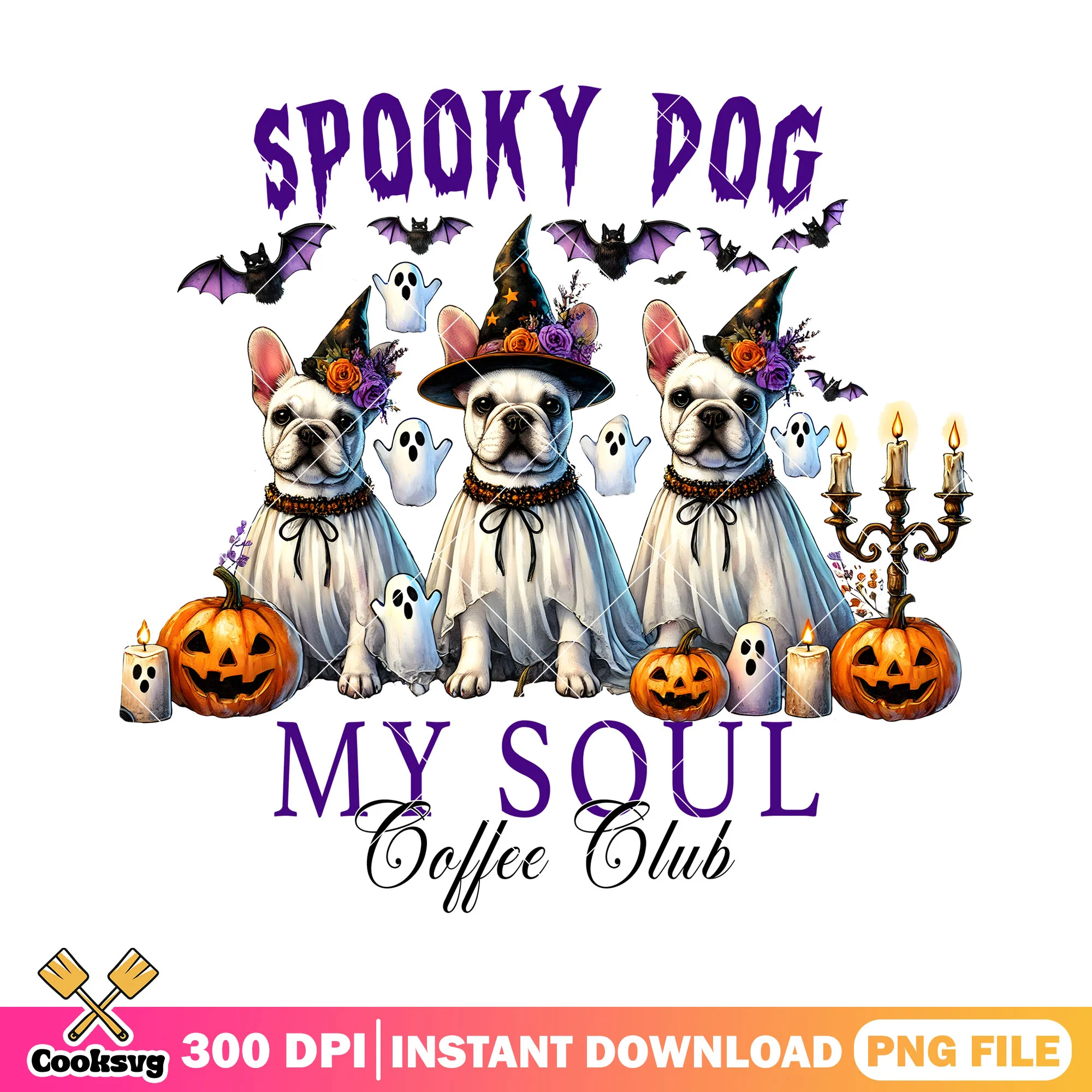 Spooky dog my soul coffee club png, halloween decor png, pumpkin dog png