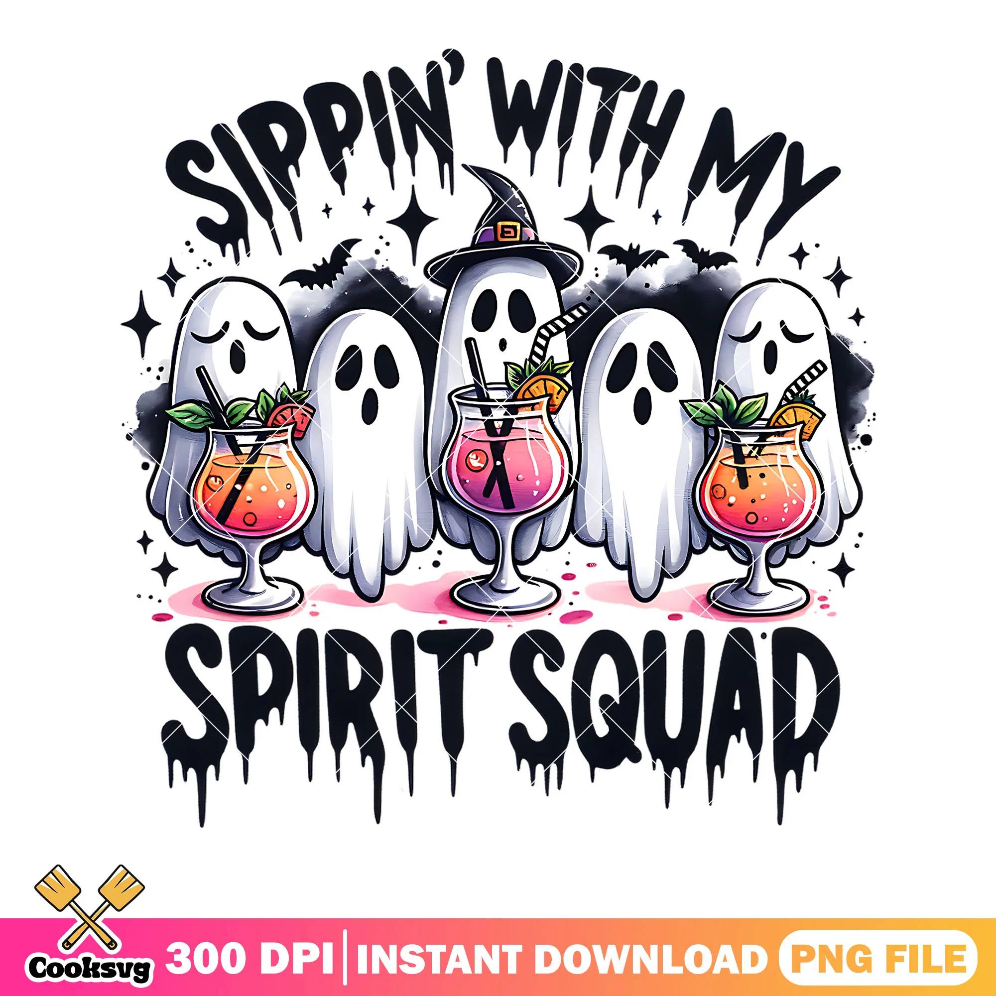 Spooky ghost squad cocktail png, scary bats png, scary halloween png